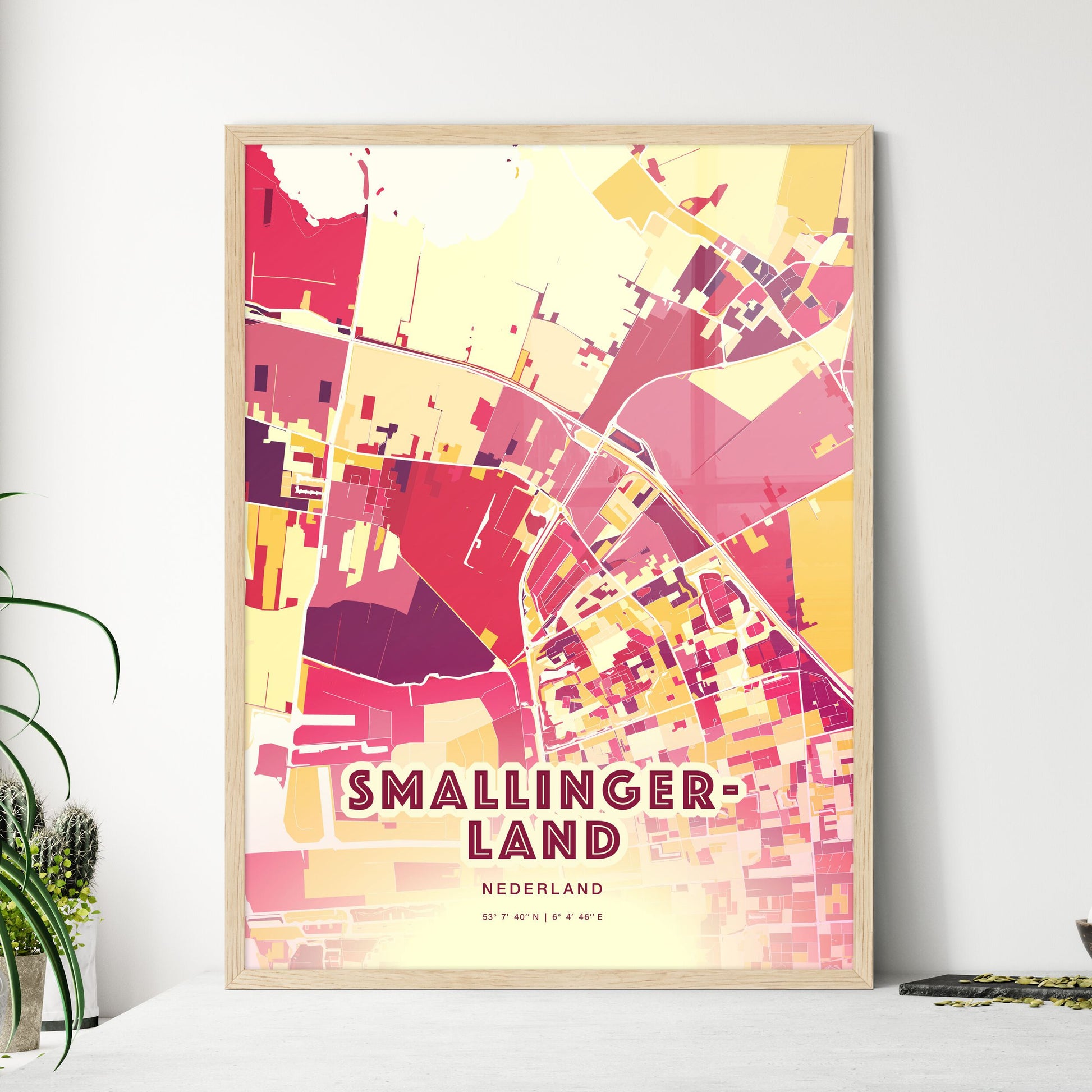 Colorful SMALLINGERLAND NETHERLANDS Fine Art Map Hot Red