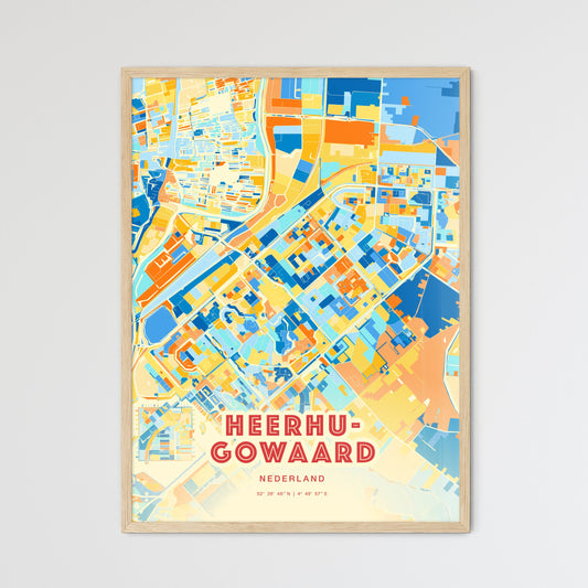 Colorful HEERHUGOWAARD NETHERLANDS Fine Art Map Blue Orange