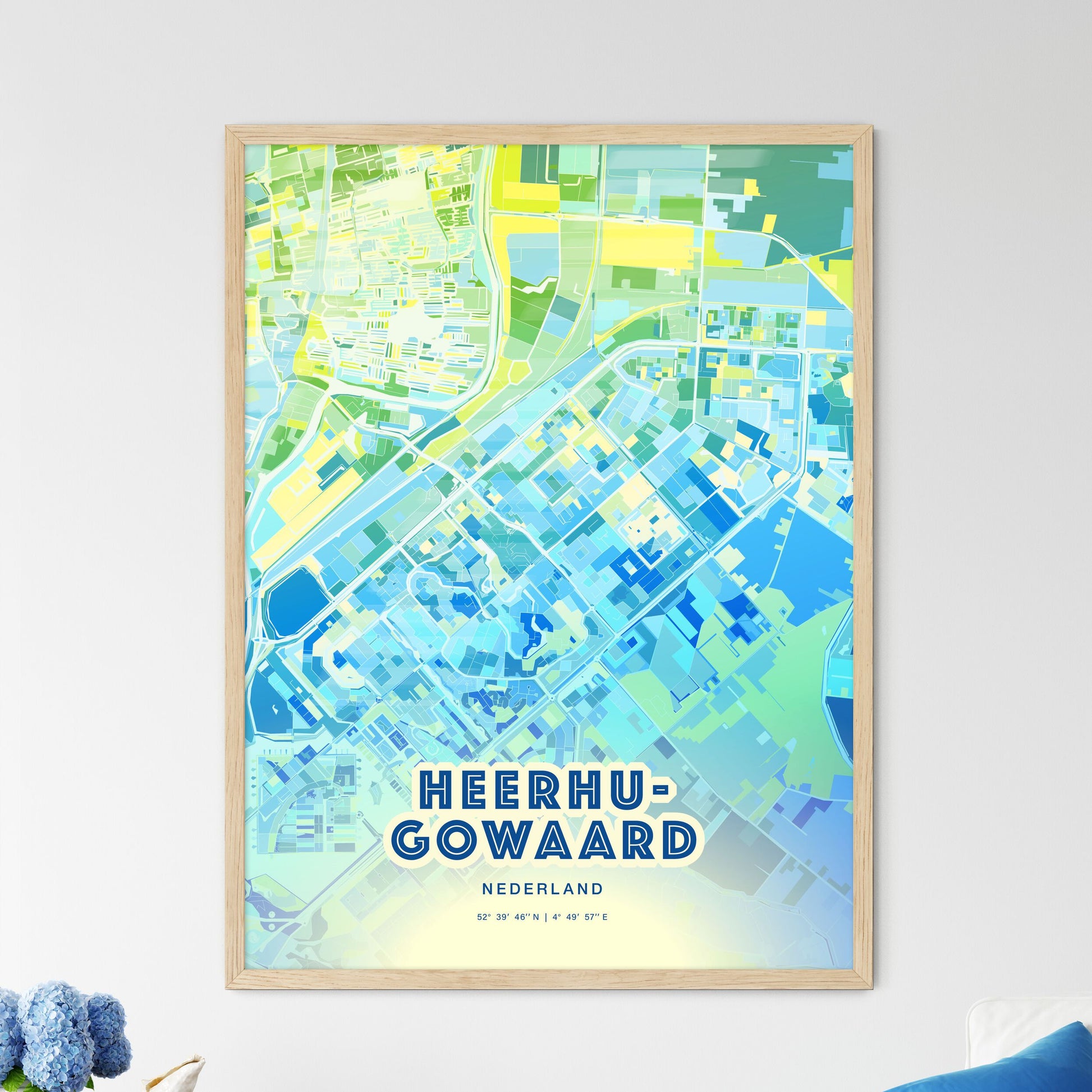 Colorful HEERHUGOWAARD NETHERLANDS Fine Art Map Cool Blue