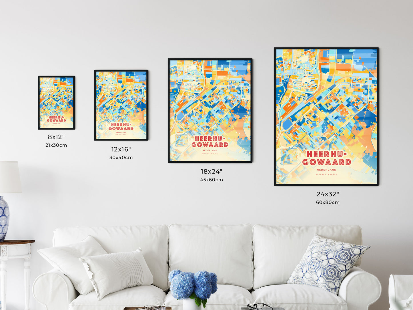 Colorful HEERHUGOWAARD NETHERLANDS Fine Art Map Blue Orange