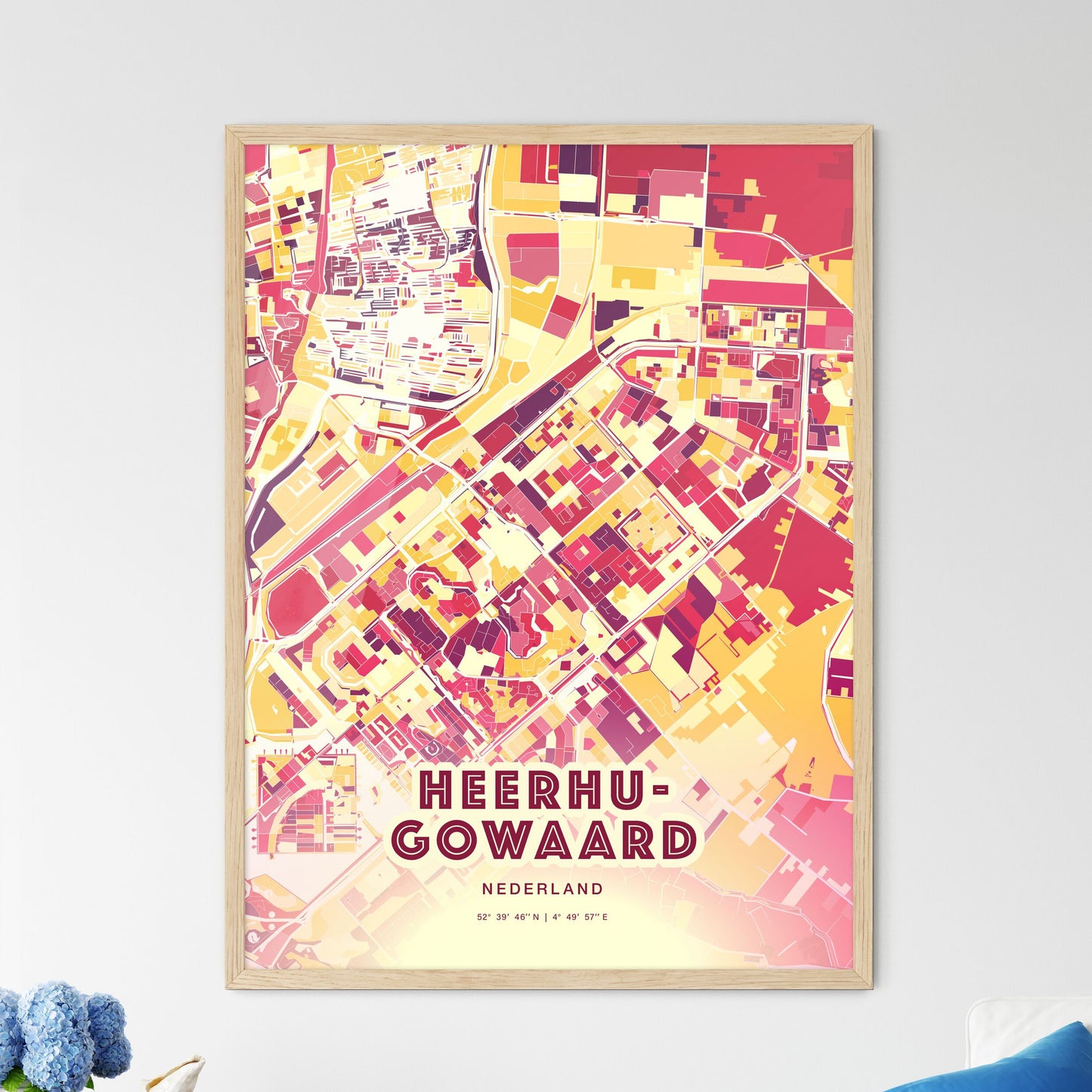 Colorful HEERHUGOWAARD NETHERLANDS Fine Art Map Hot Red