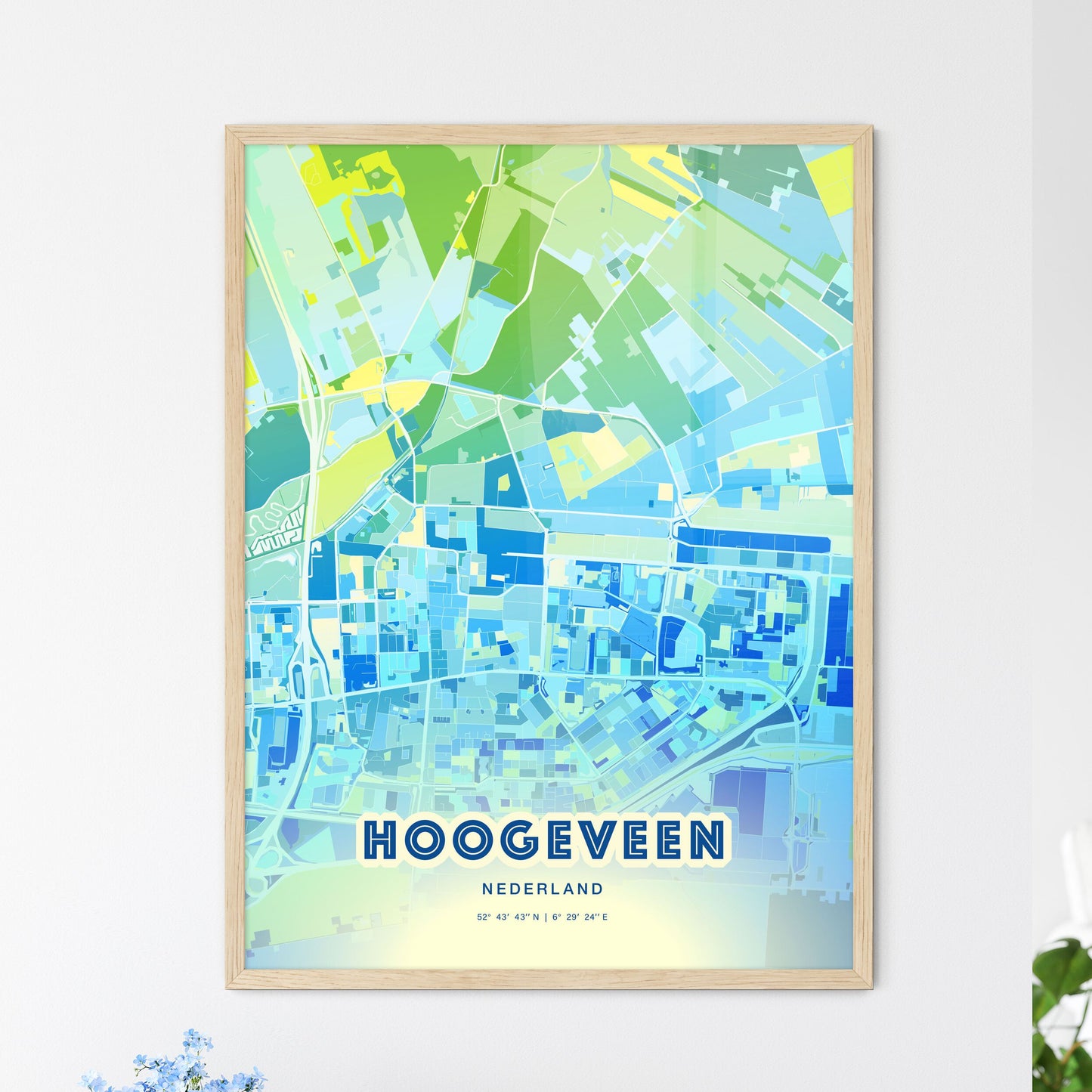 Colorful HOOGEVEEN NETHERLANDS Fine Art Map Cool Blue