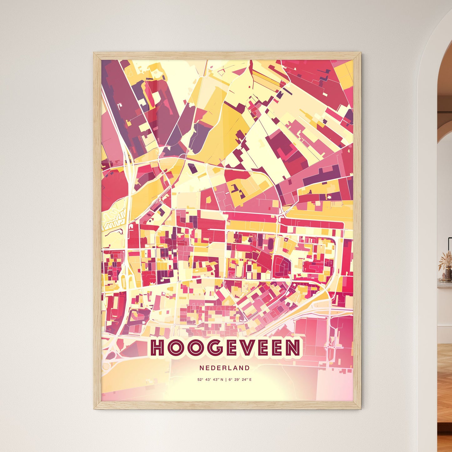 Colorful HOOGEVEEN NETHERLANDS Fine Art Map Hot Red