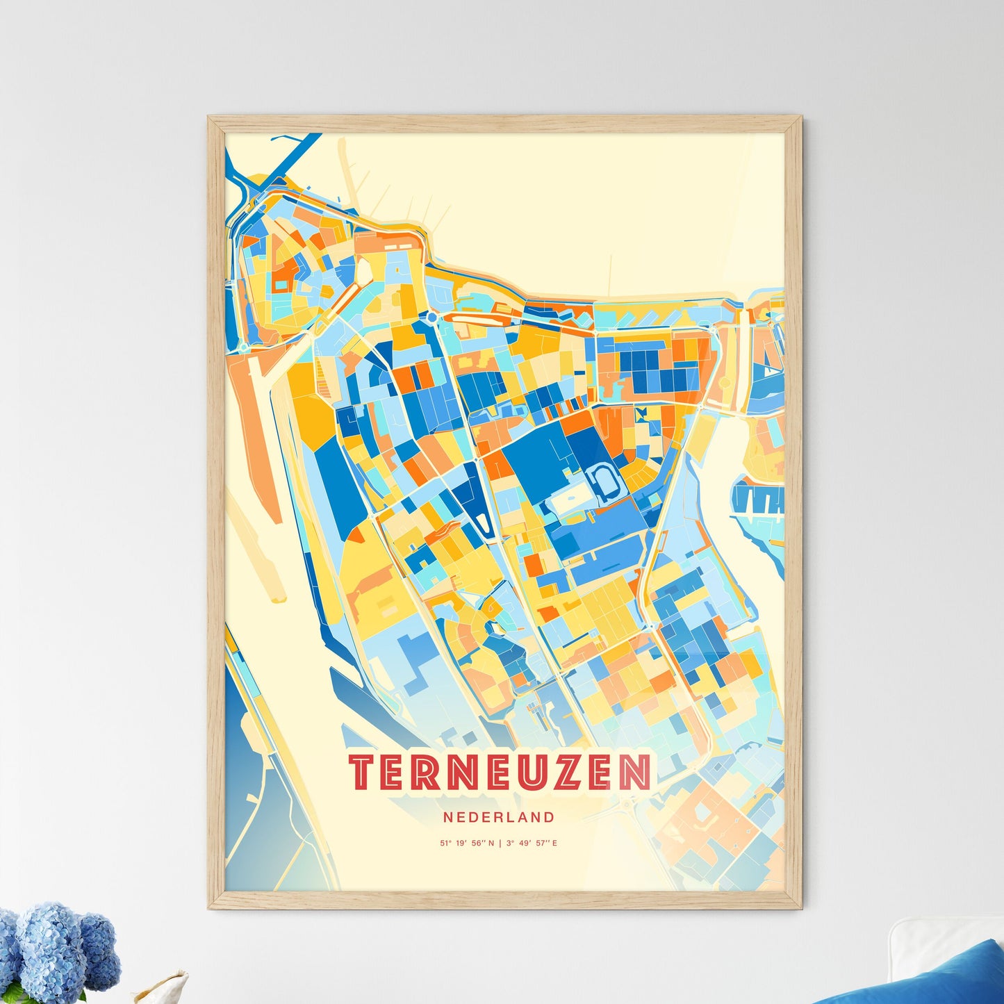 Colorful TERNEUZEN NETHERLANDS Fine Art Map Blue Orange