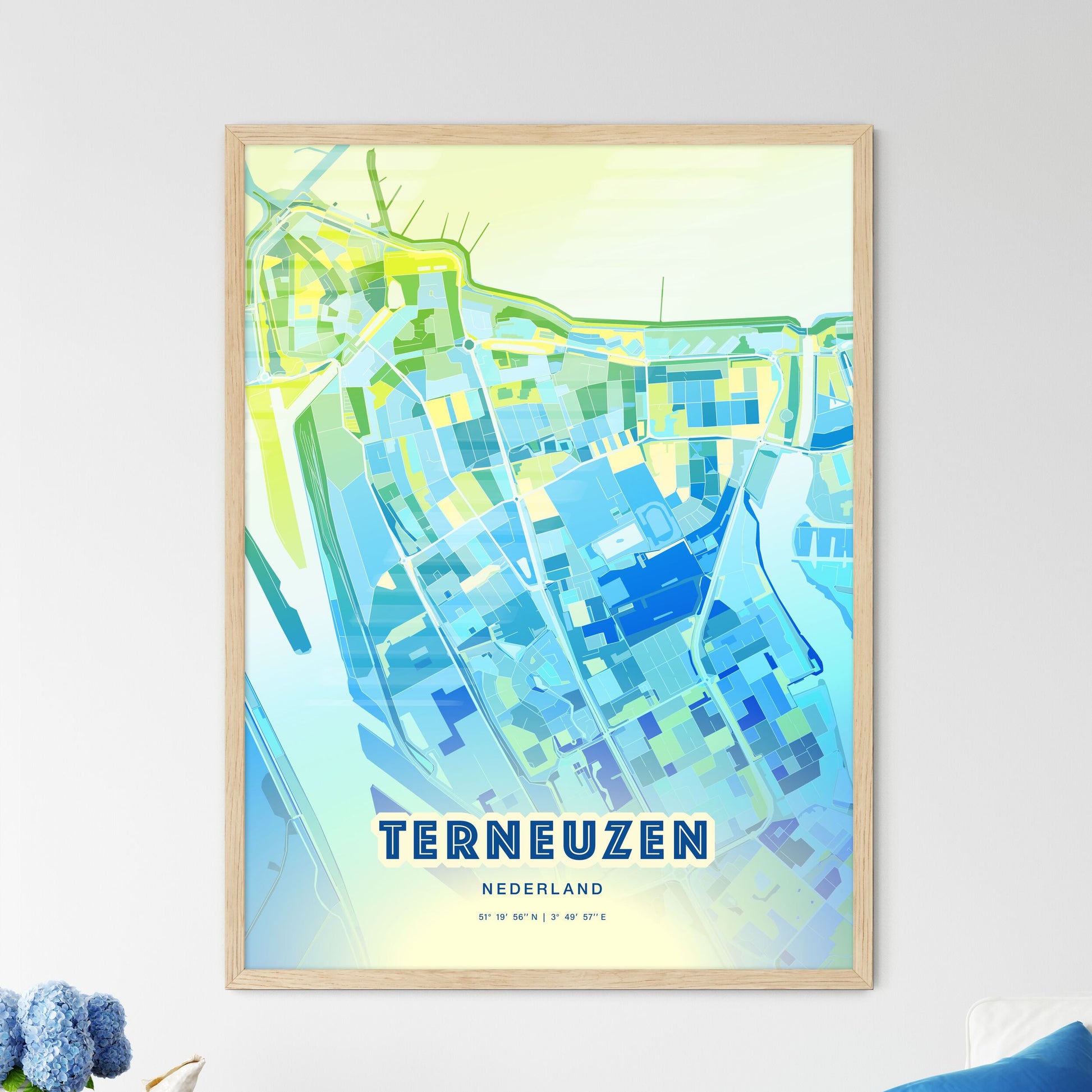 Colorful TERNEUZEN NETHERLANDS Fine Art Map Cool Blue