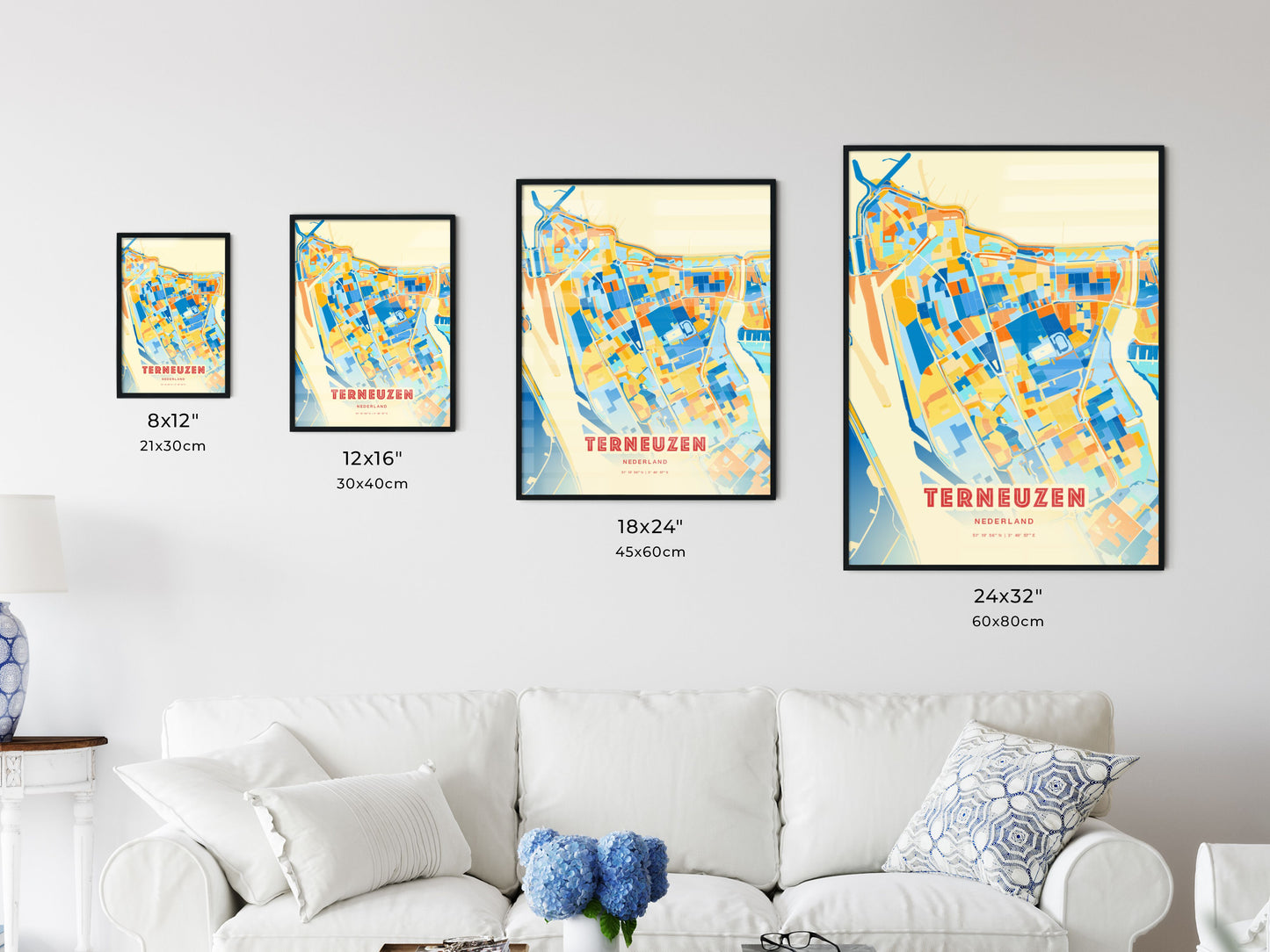 Colorful TERNEUZEN NETHERLANDS Fine Art Map Blue Orange