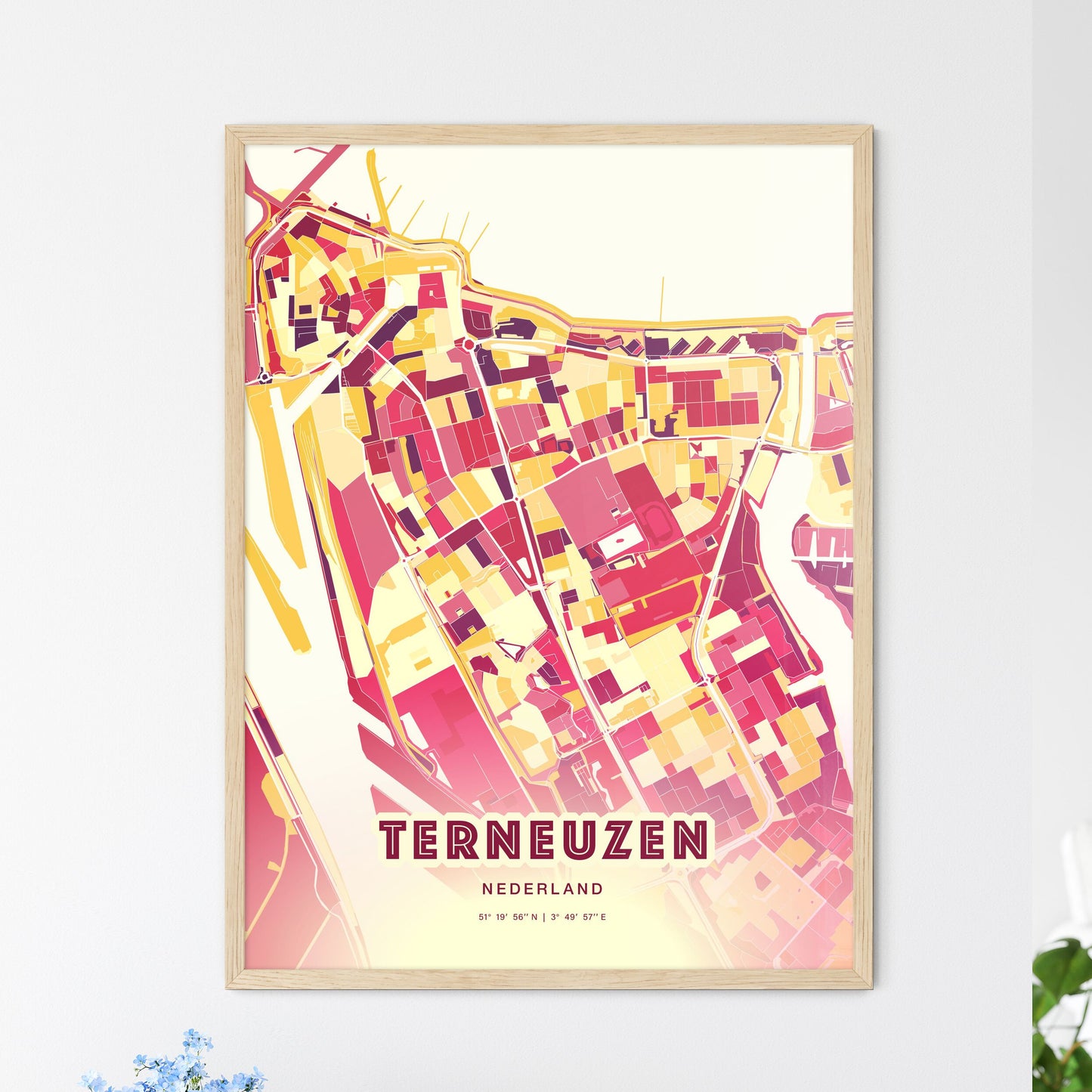 Colorful TERNEUZEN NETHERLANDS Fine Art Map Hot Red