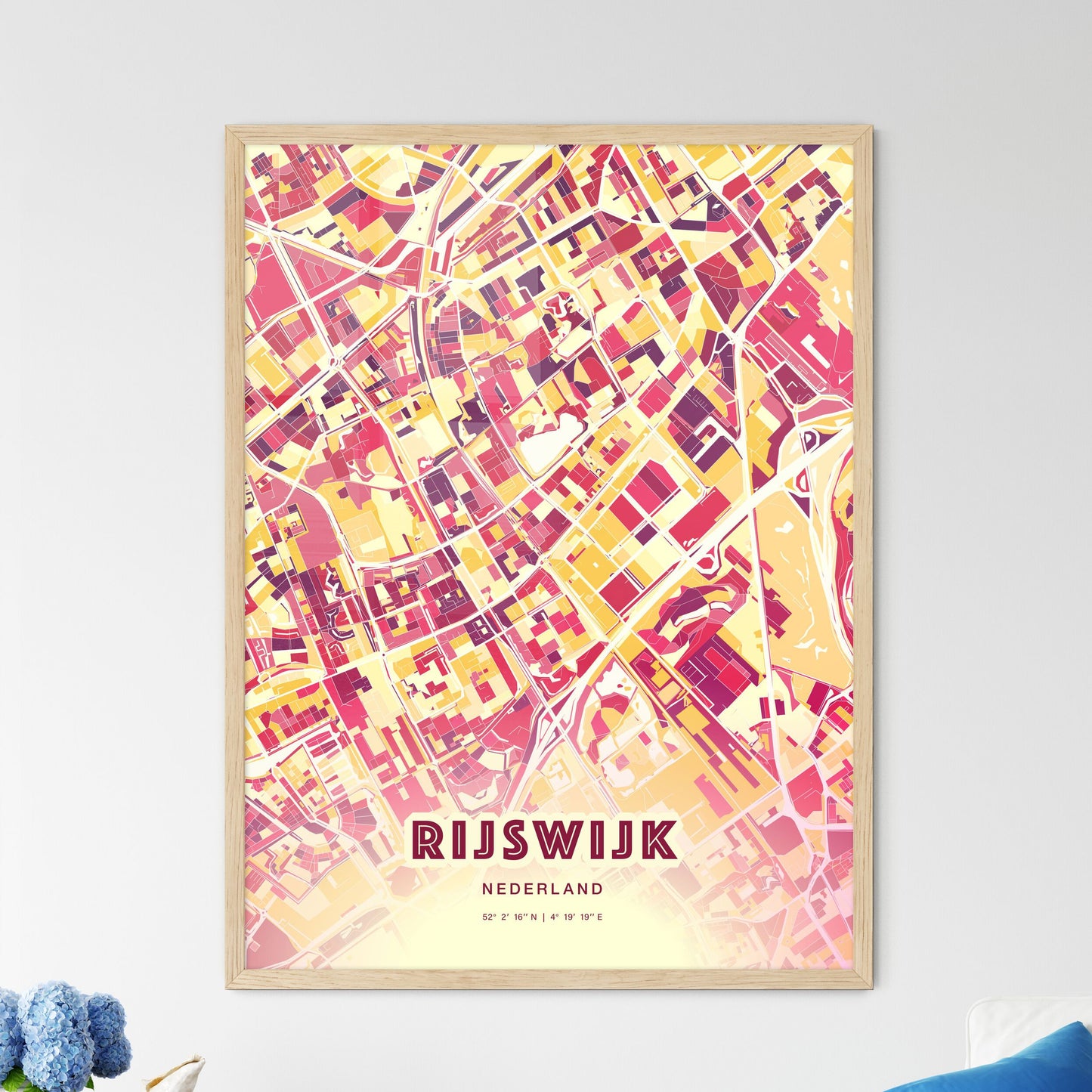 Colorful RIJSWIJK NETHERLANDS Fine Art Map Hot Red