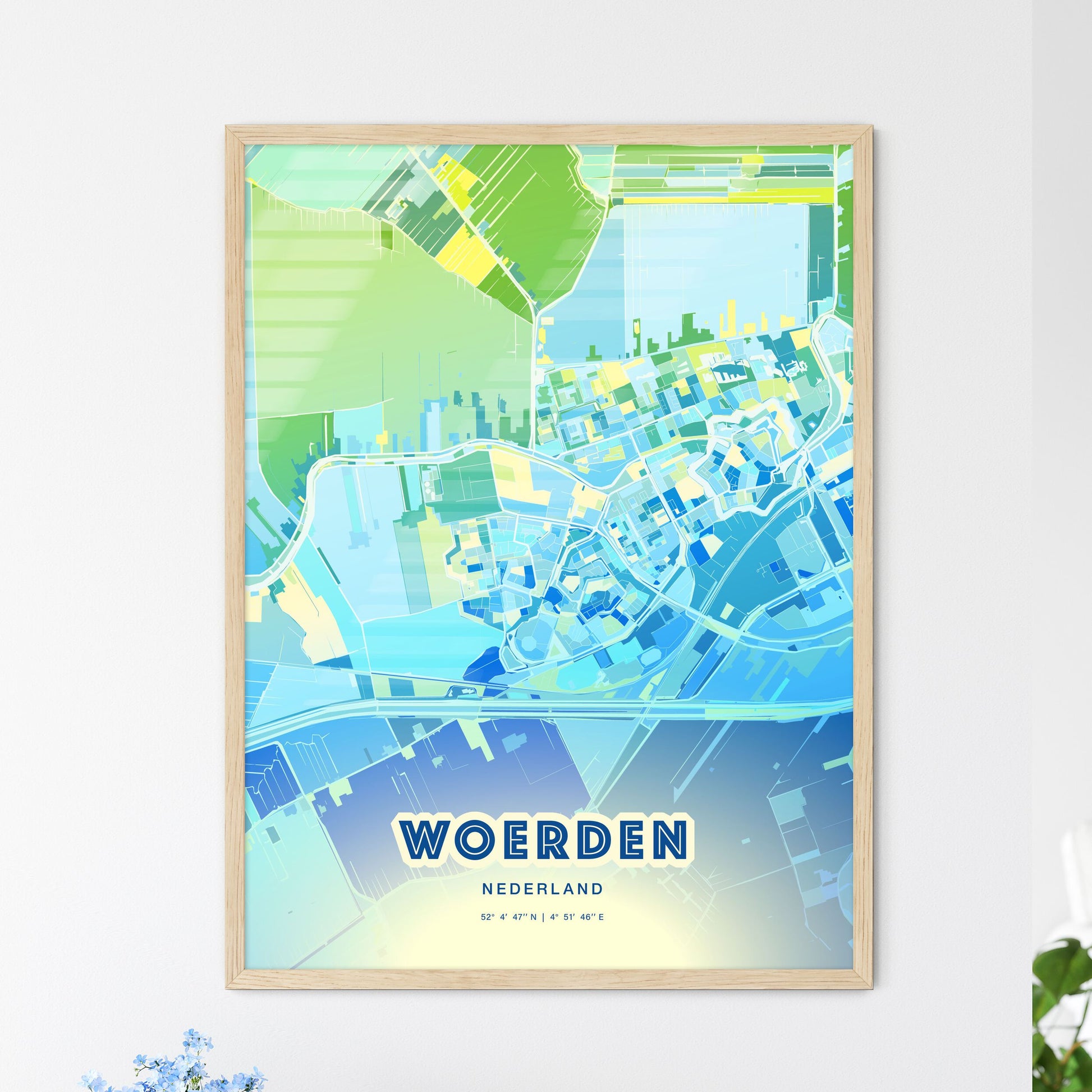 Colorful WOERDEN NETHERLANDS Fine Art Map Cool Blue