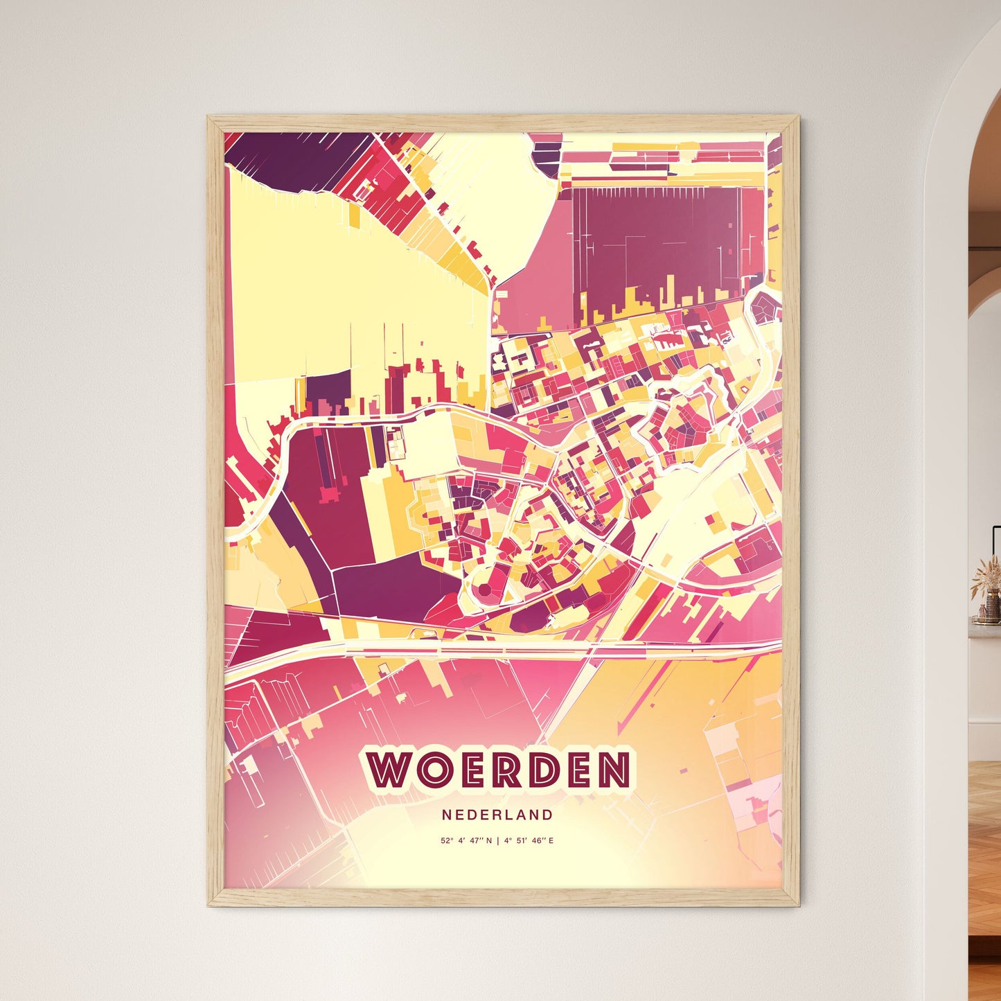 Colorful WOERDEN NETHERLANDS Fine Art Map Hot Red