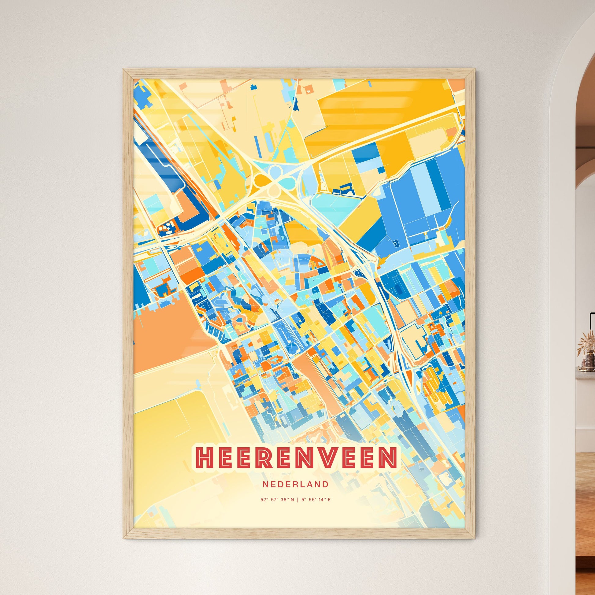 Colorful HEERENVEEN NETHERLANDS Fine Art Map Blue Orange