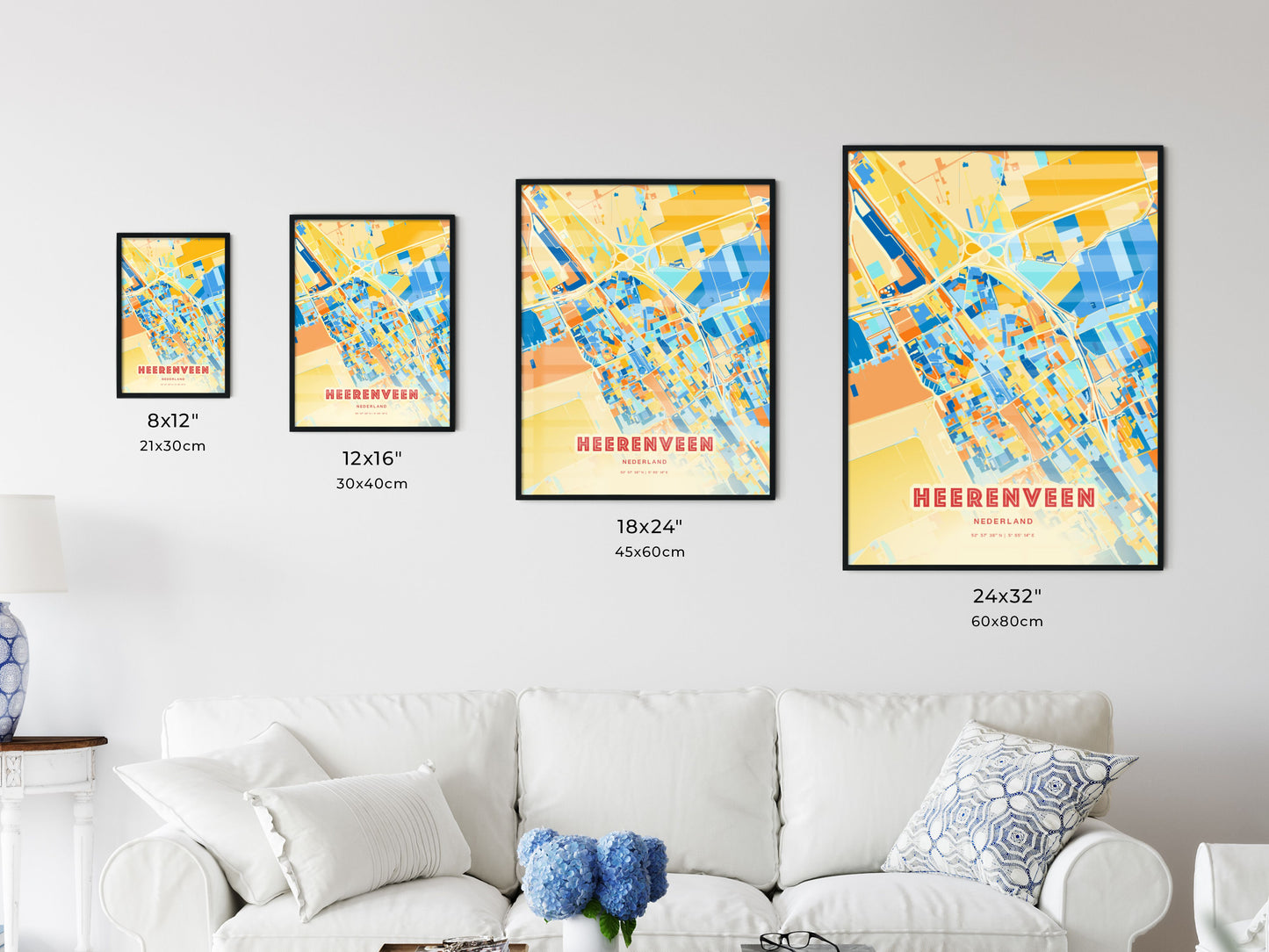 Colorful HEERENVEEN NETHERLANDS Fine Art Map Blue Orange