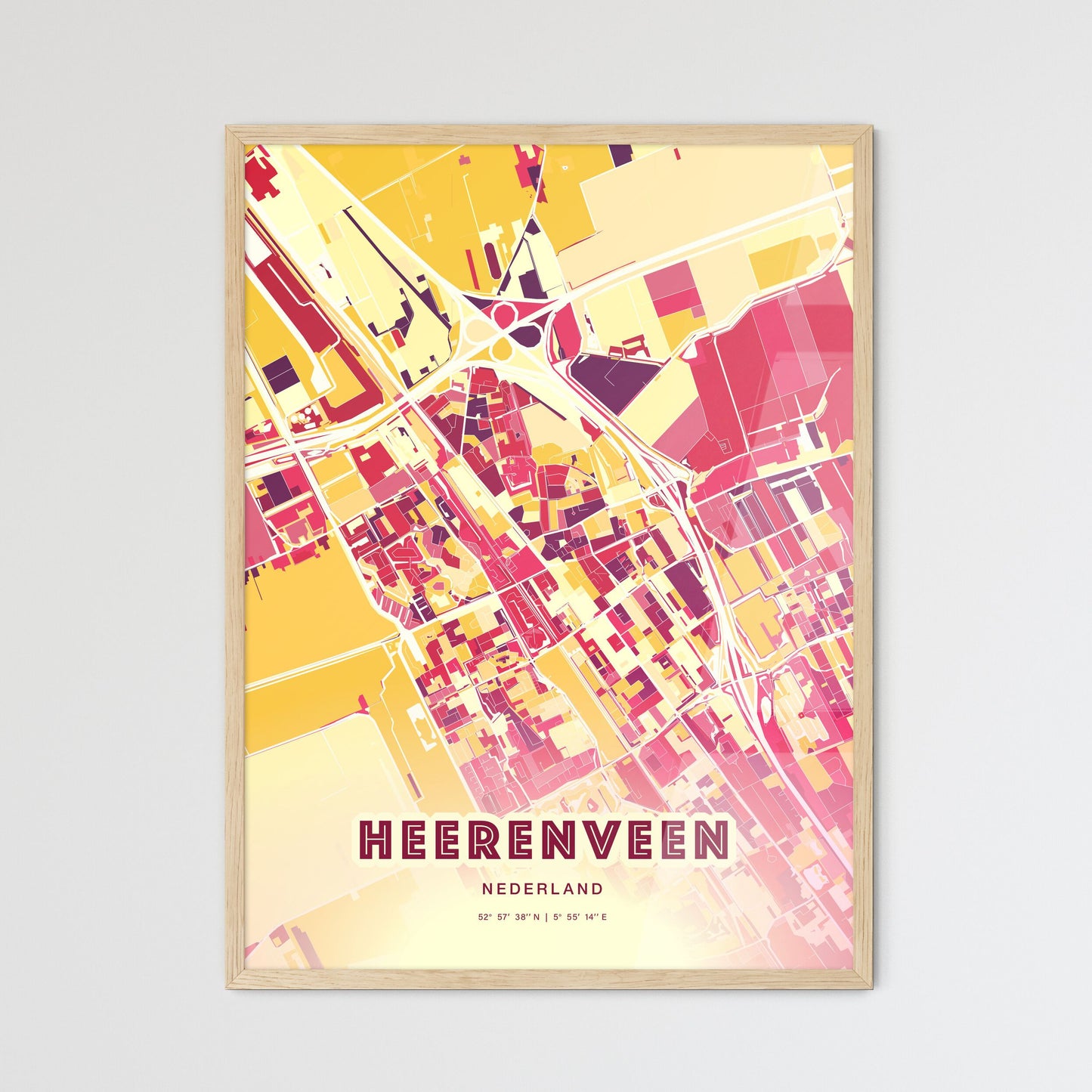 Colorful HEERENVEEN NETHERLANDS Fine Art Map Hot Red