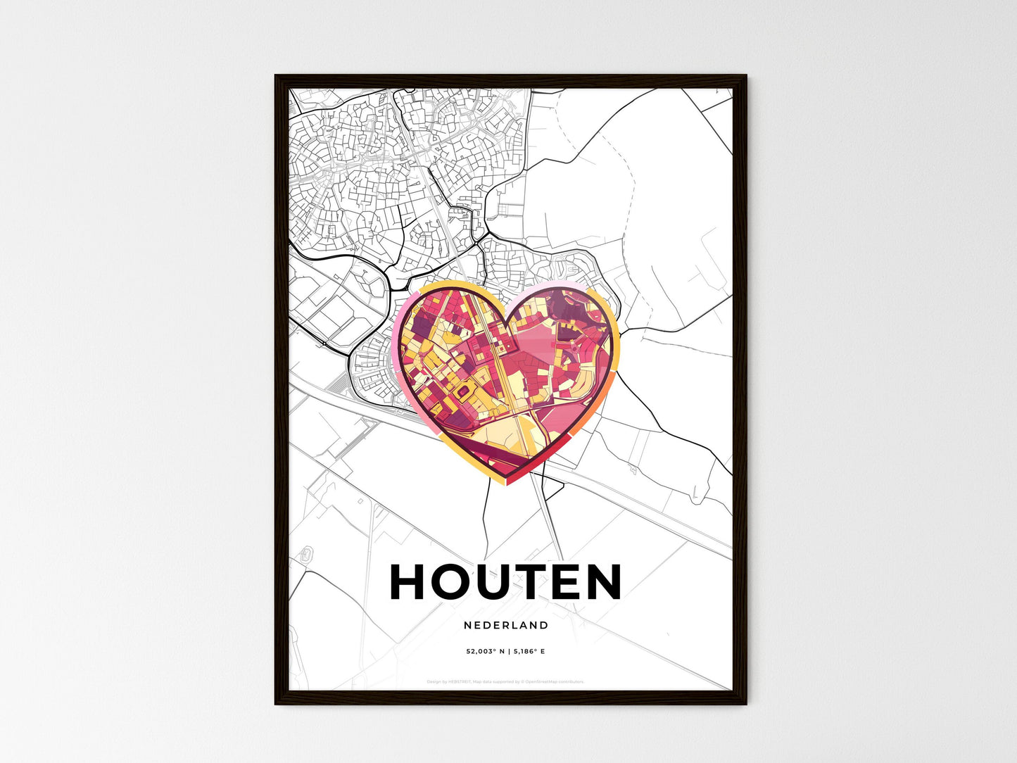 Houten Netherlands wedding art map with heart icon