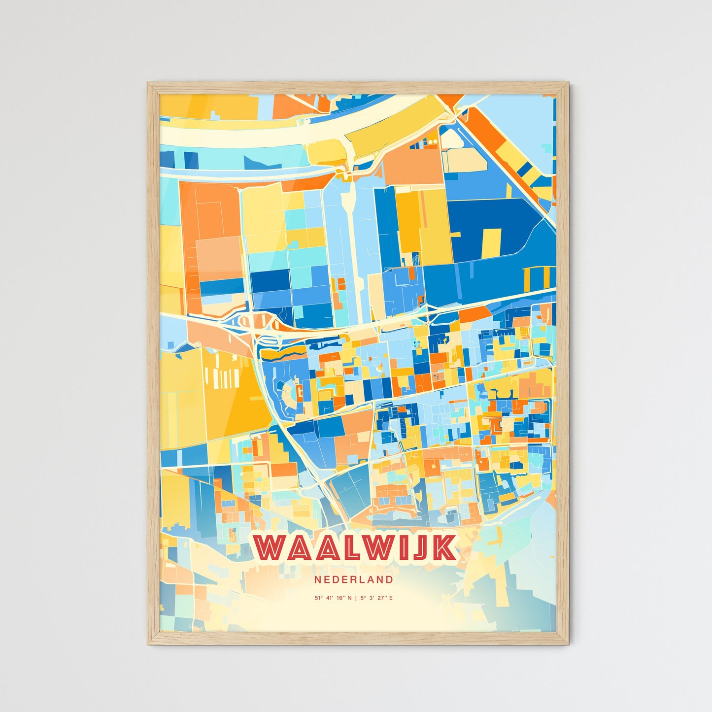 Colorful WAALWIJK NETHERLANDS Fine Art Map Blue Orange