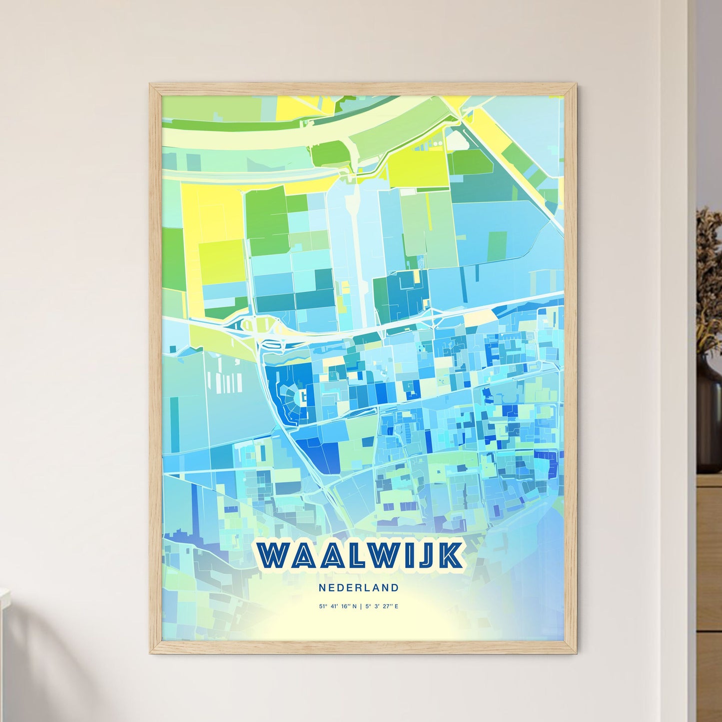 Colorful WAALWIJK NETHERLANDS Fine Art Map Cool Blue