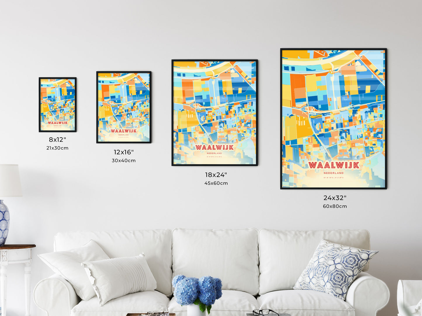 Colorful WAALWIJK NETHERLANDS Fine Art Map Blue Orange