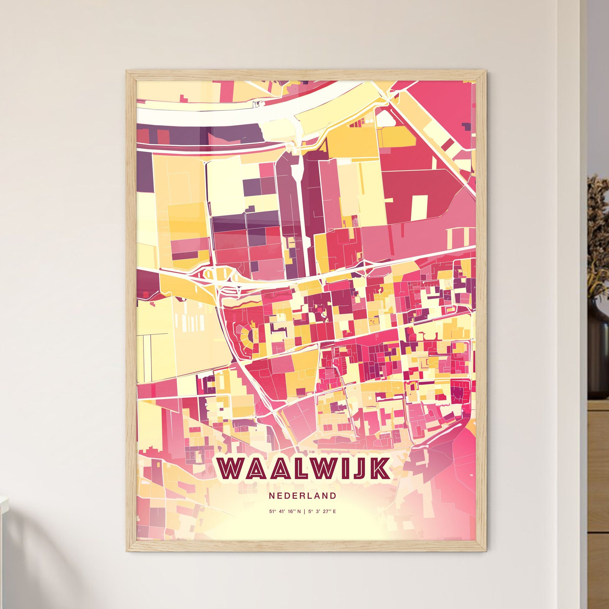 Colorful WAALWIJK NETHERLANDS Fine Art Map Hot Red