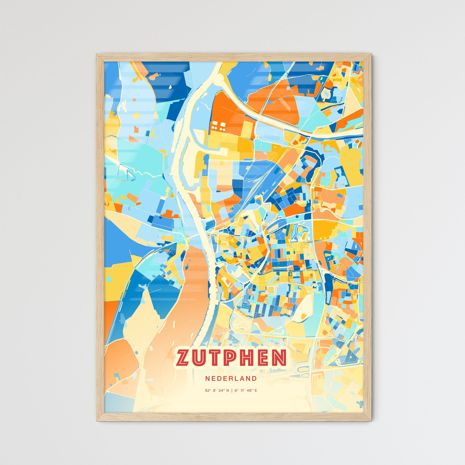 Colorful ZUTPHEN NETHERLANDS Fine Art Map Blue Orange