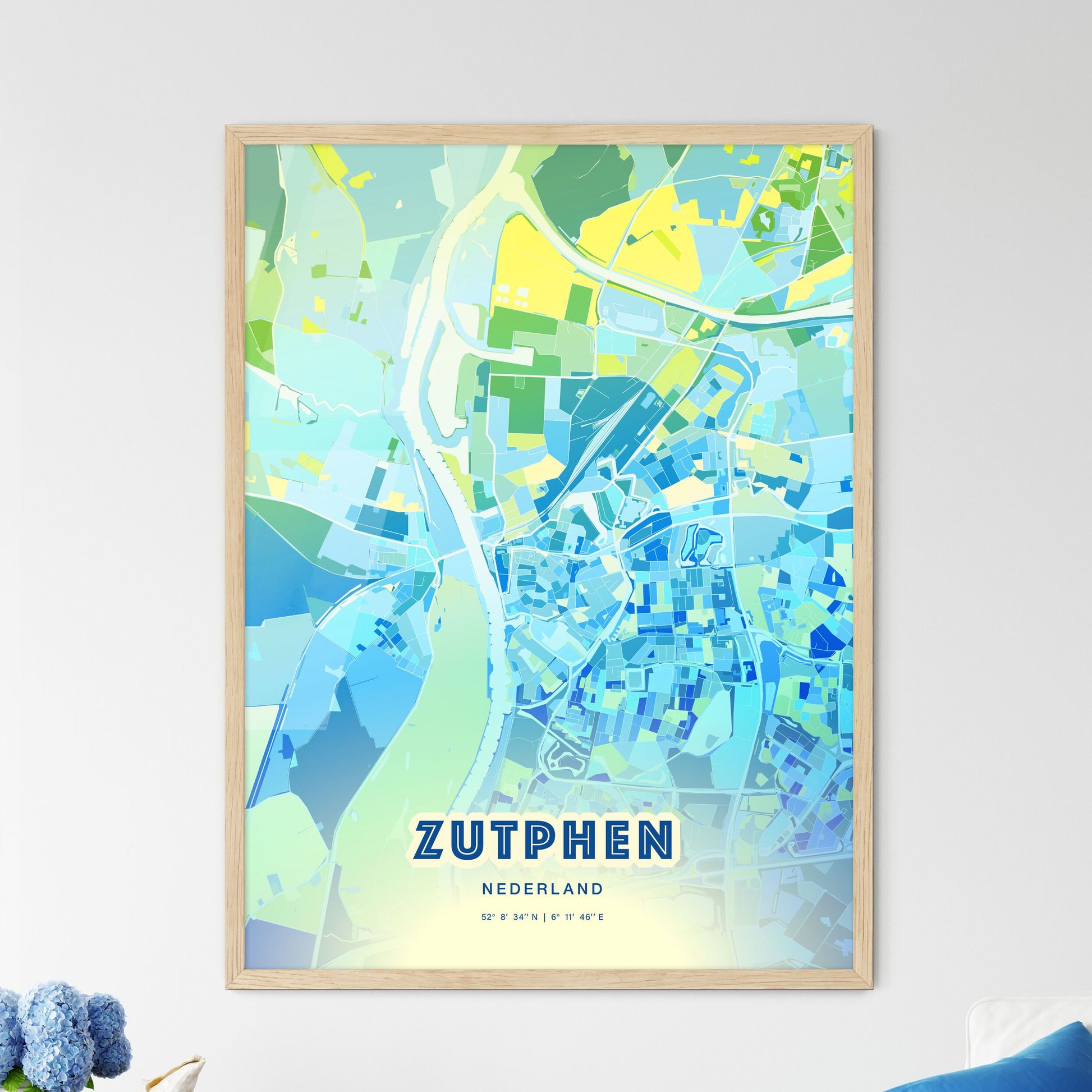 Colorful ZUTPHEN NETHERLANDS Fine Art Map Cool Blue