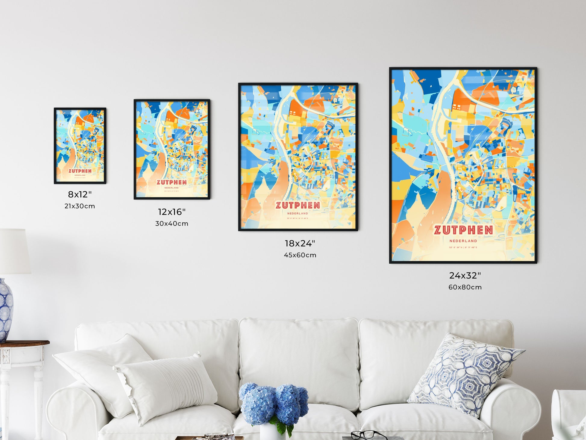 Colorful ZUTPHEN NETHERLANDS Fine Art Map Blue Orange