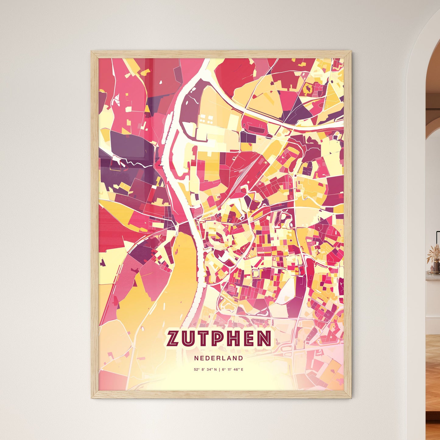 Colorful ZUTPHEN NETHERLANDS Fine Art Map Hot Red