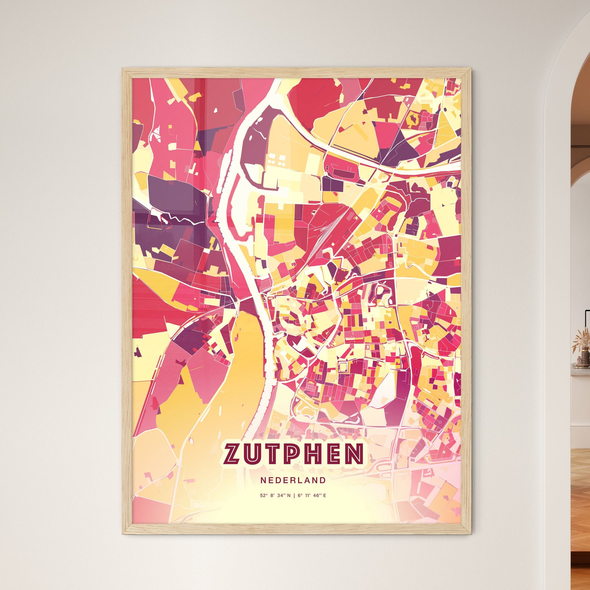 Colorful ZUTPHEN NETHERLANDS Fine Art Map Hot Red