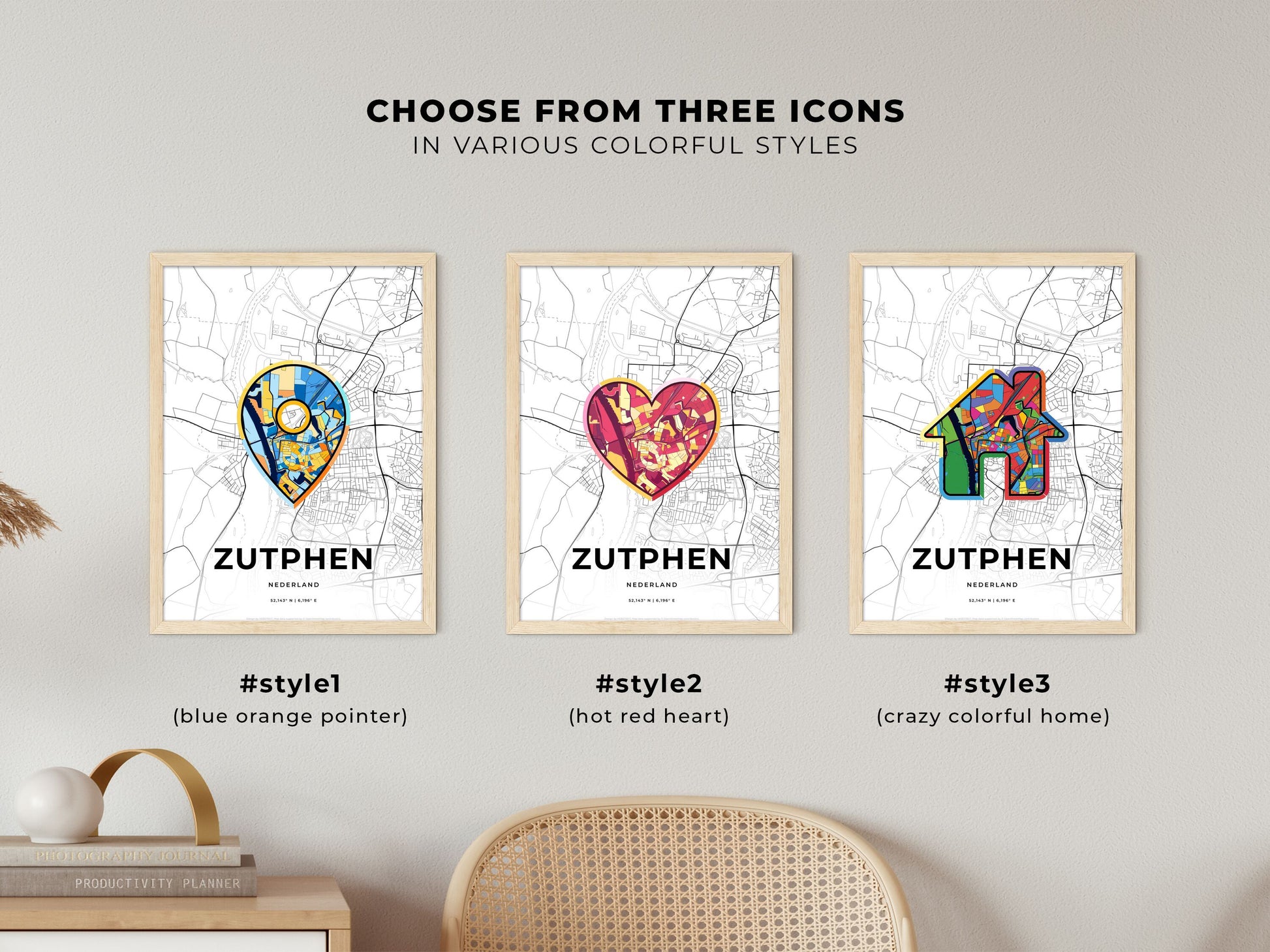ZUTPHEN NETHERLANDS minimal art map with a colorful icon. Where it all began, Couple map gift.