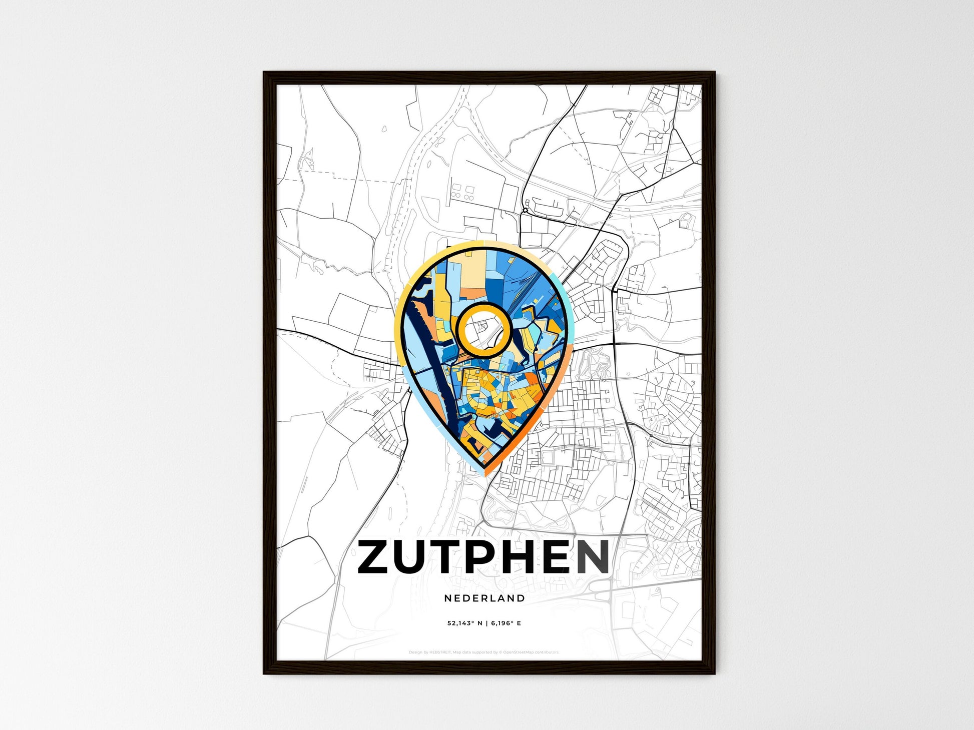 ZUTPHEN NETHERLANDS minimal art map with a colorful icon. Where it all began, Couple map gift. Style 1