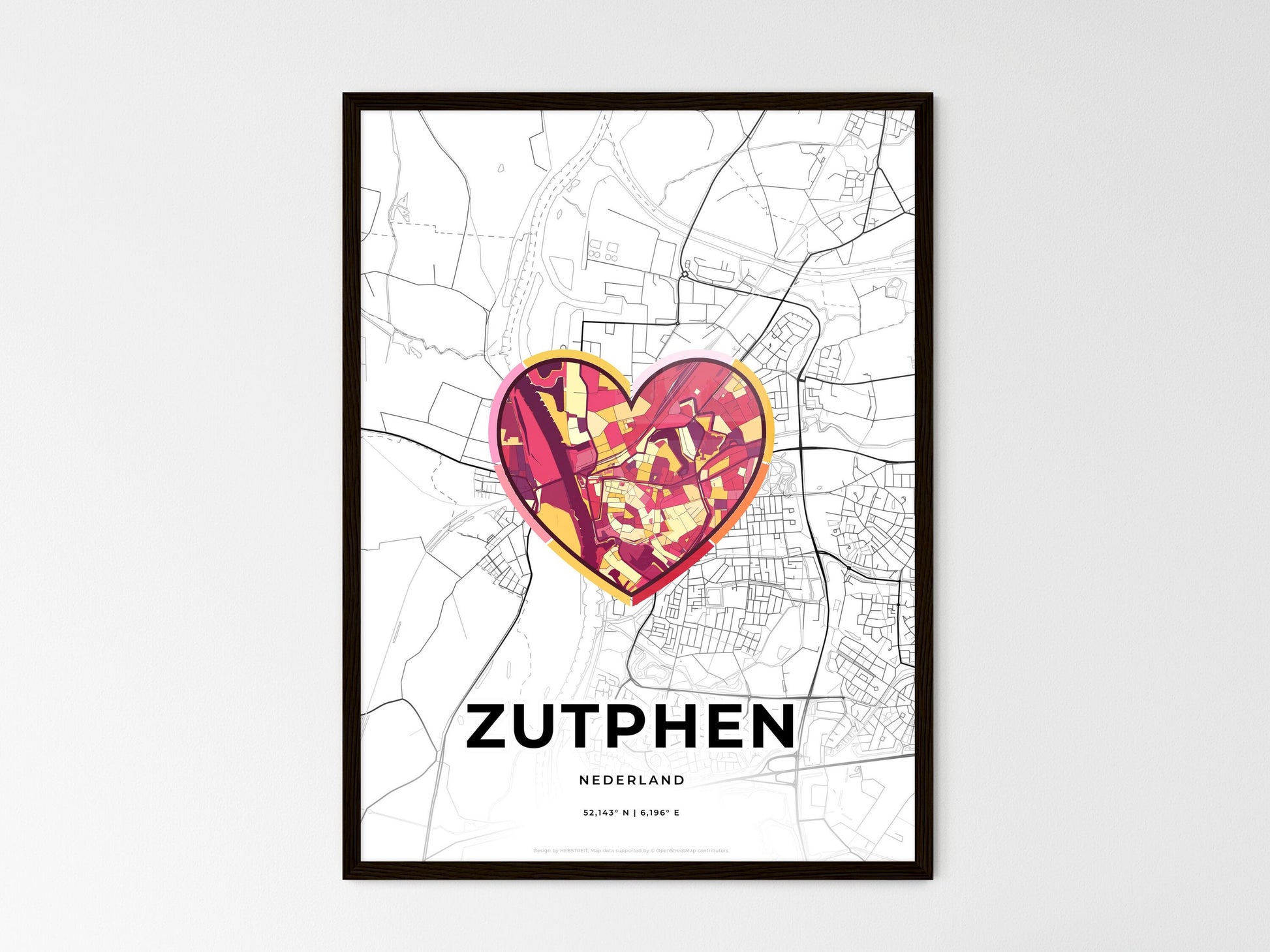 ZUTPHEN NETHERLANDS minimal art map with a colorful icon. Where it all began, Couple map gift. Style 2