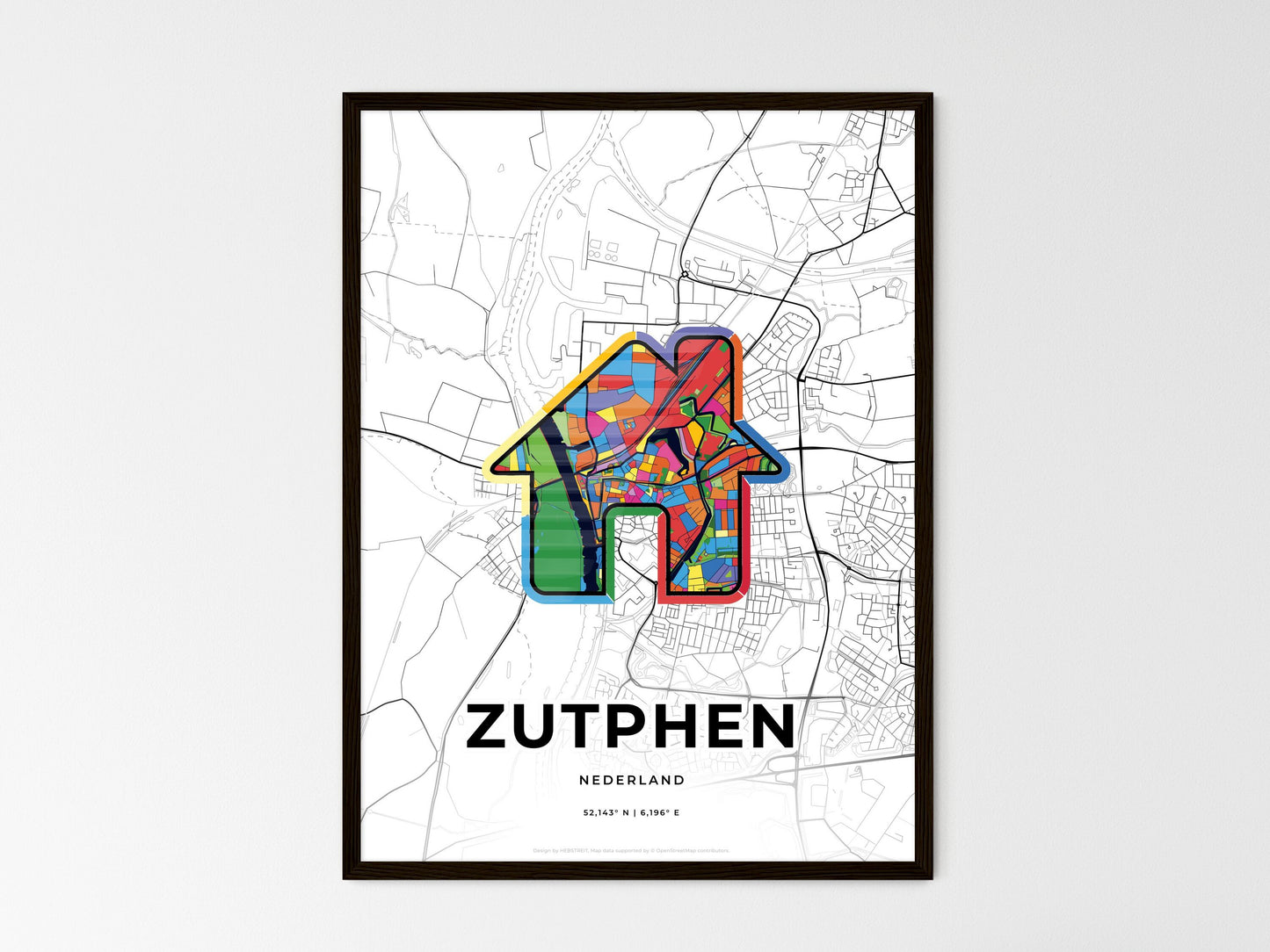 ZUTPHEN NETHERLANDS minimal art map with a colorful icon. Where it all began, Couple map gift. Style 3