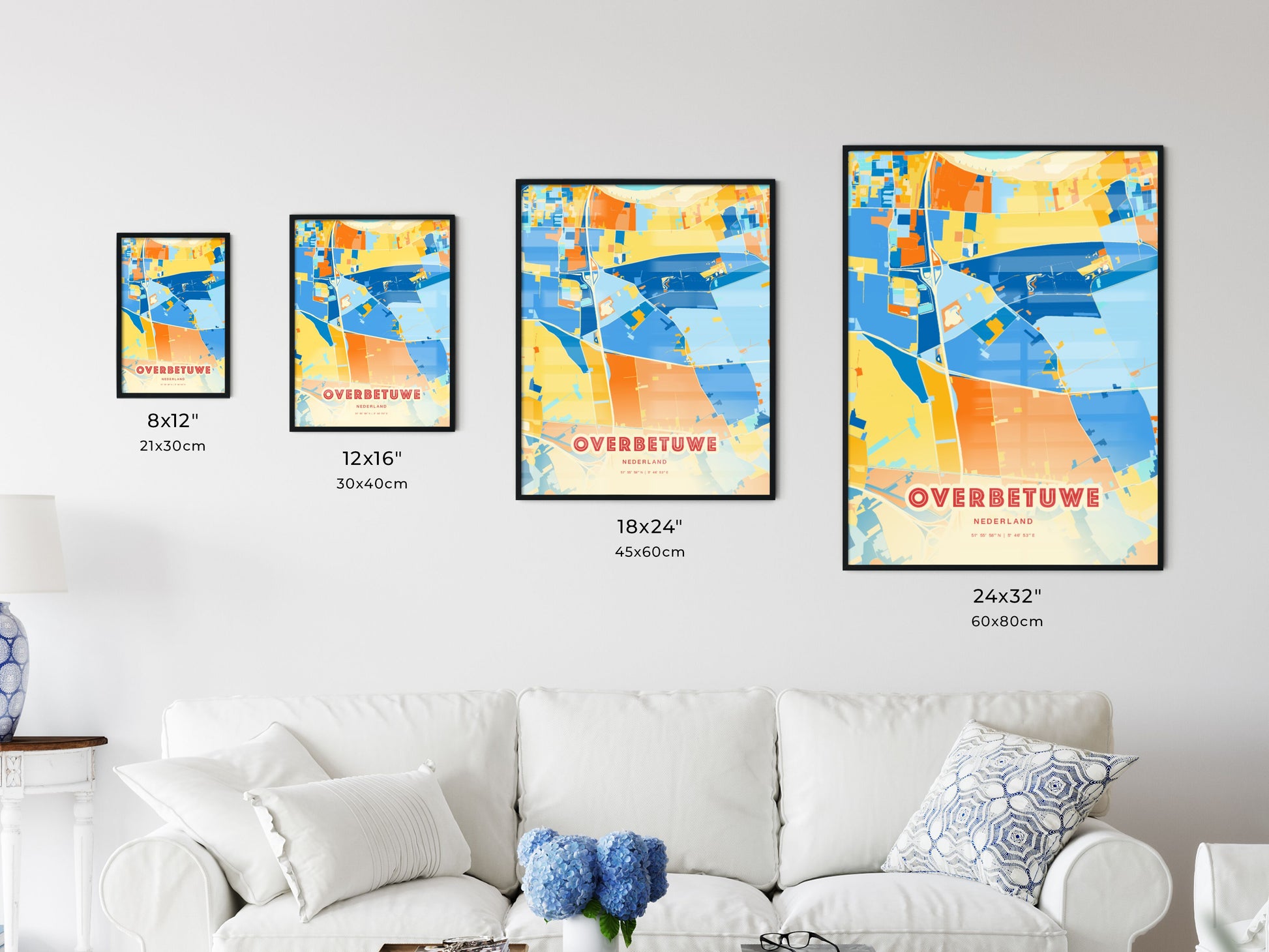 Colorful OVERBETUWE NETHERLANDS Fine Art Map Blue Orange