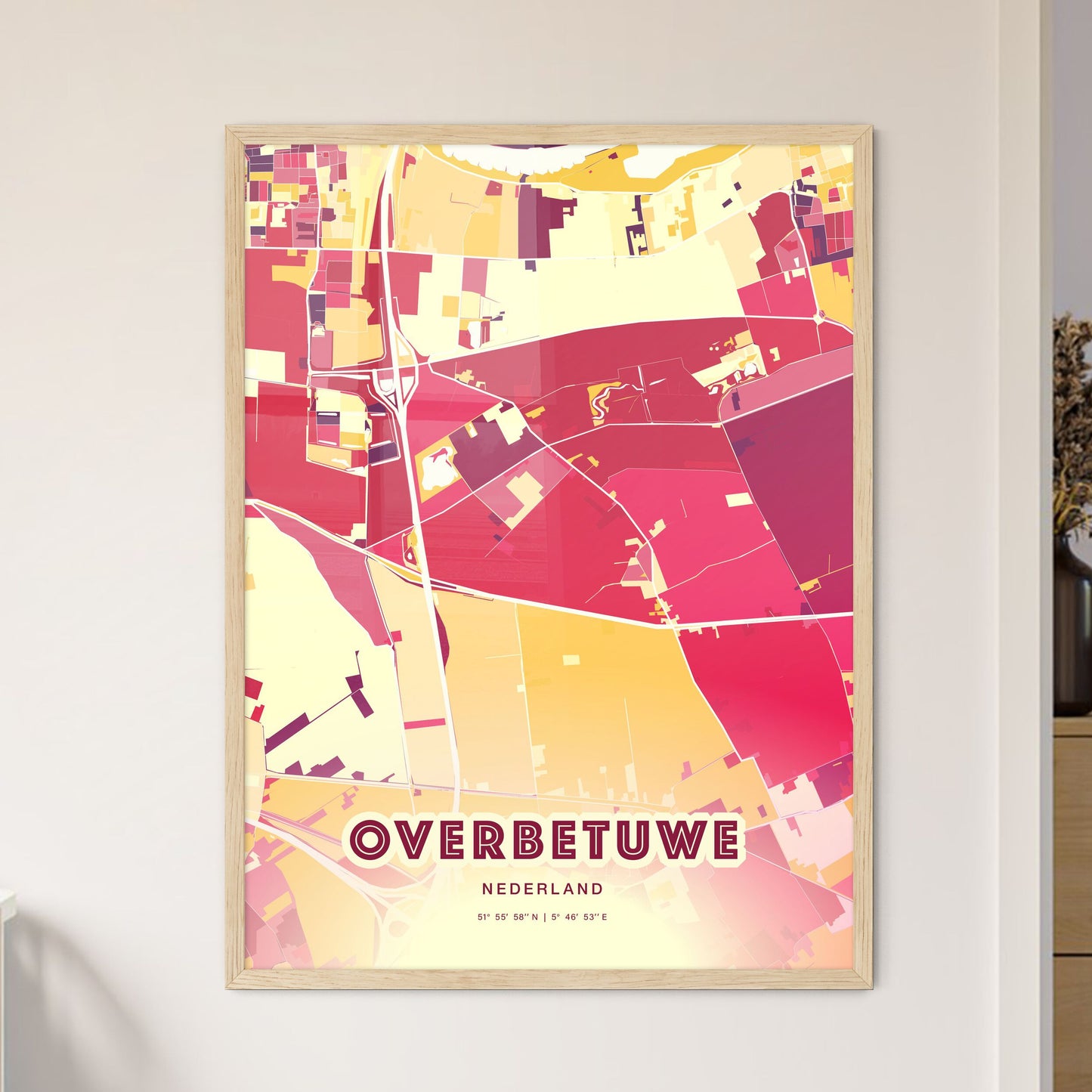 Colorful OVERBETUWE NETHERLANDS Fine Art Map Hot Red