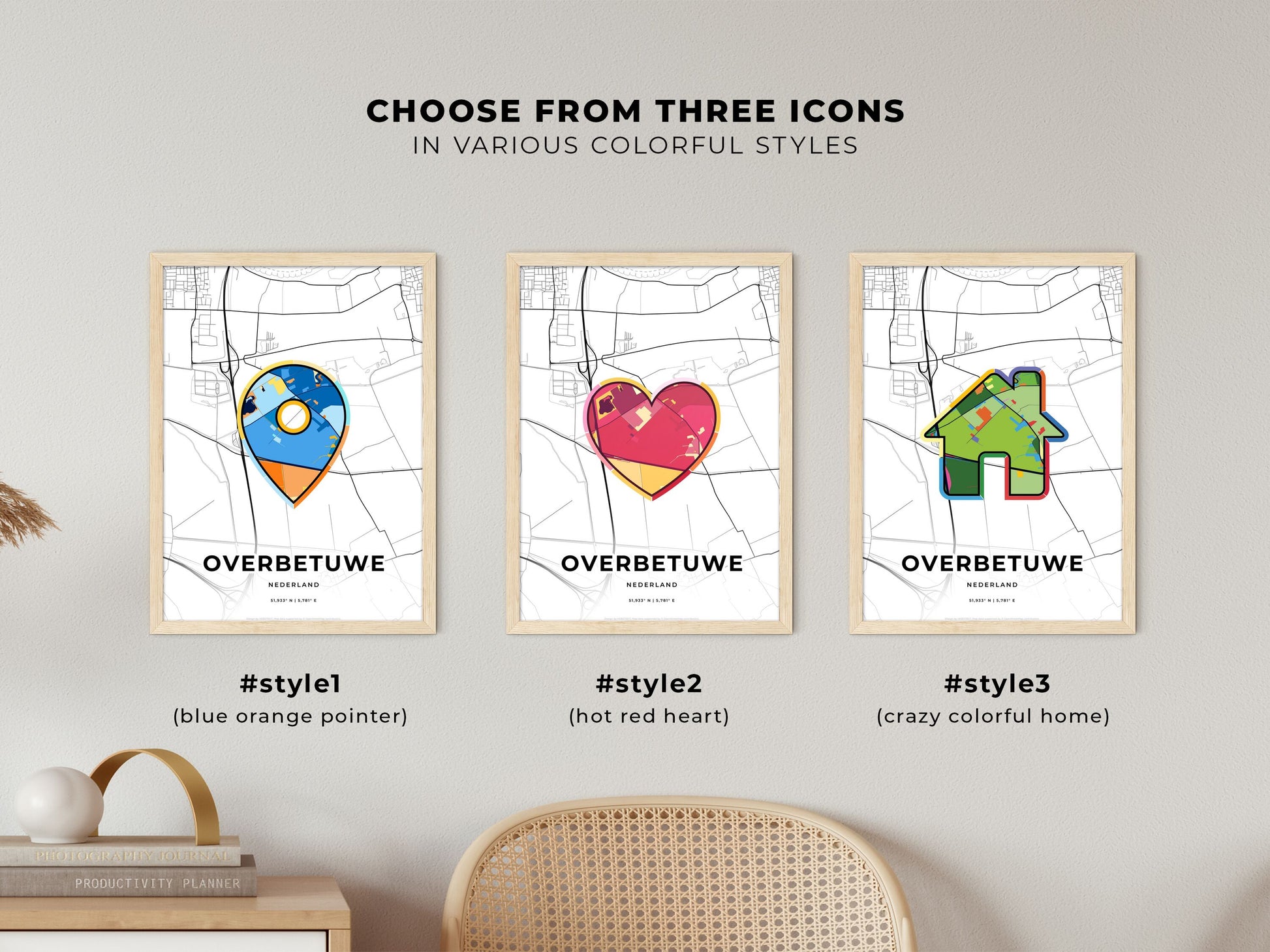 Overbetuwe Netherlands maps with colorful icons