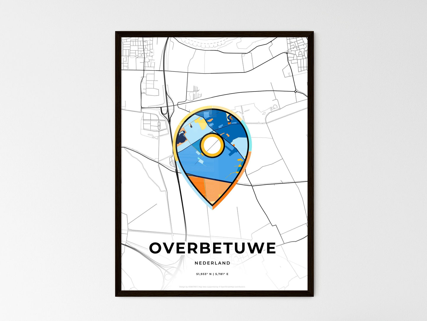 Overbetuwe Netherlands wedding art map with pointer icon