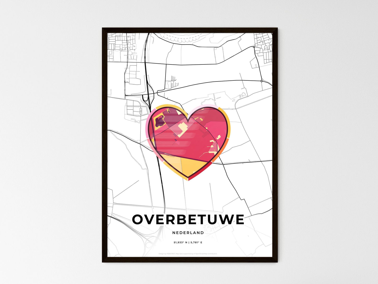 Overbetuwe Netherlands wedding art map with heart icon