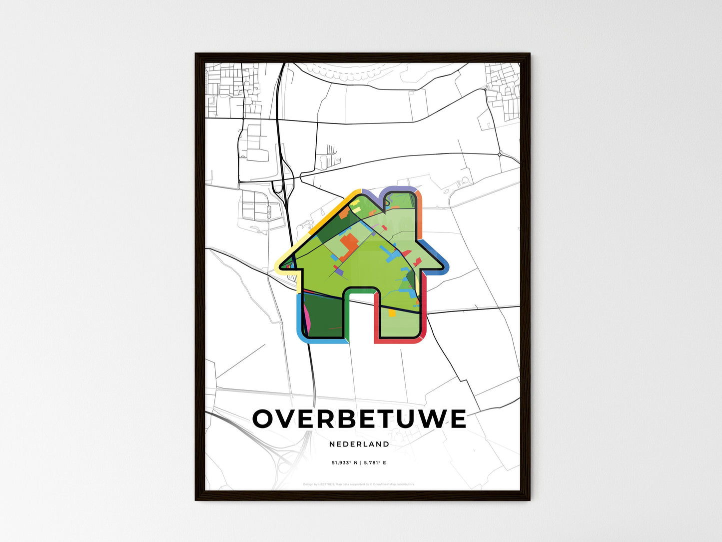 Overbetuwe Netherlands wedding art map with home icon