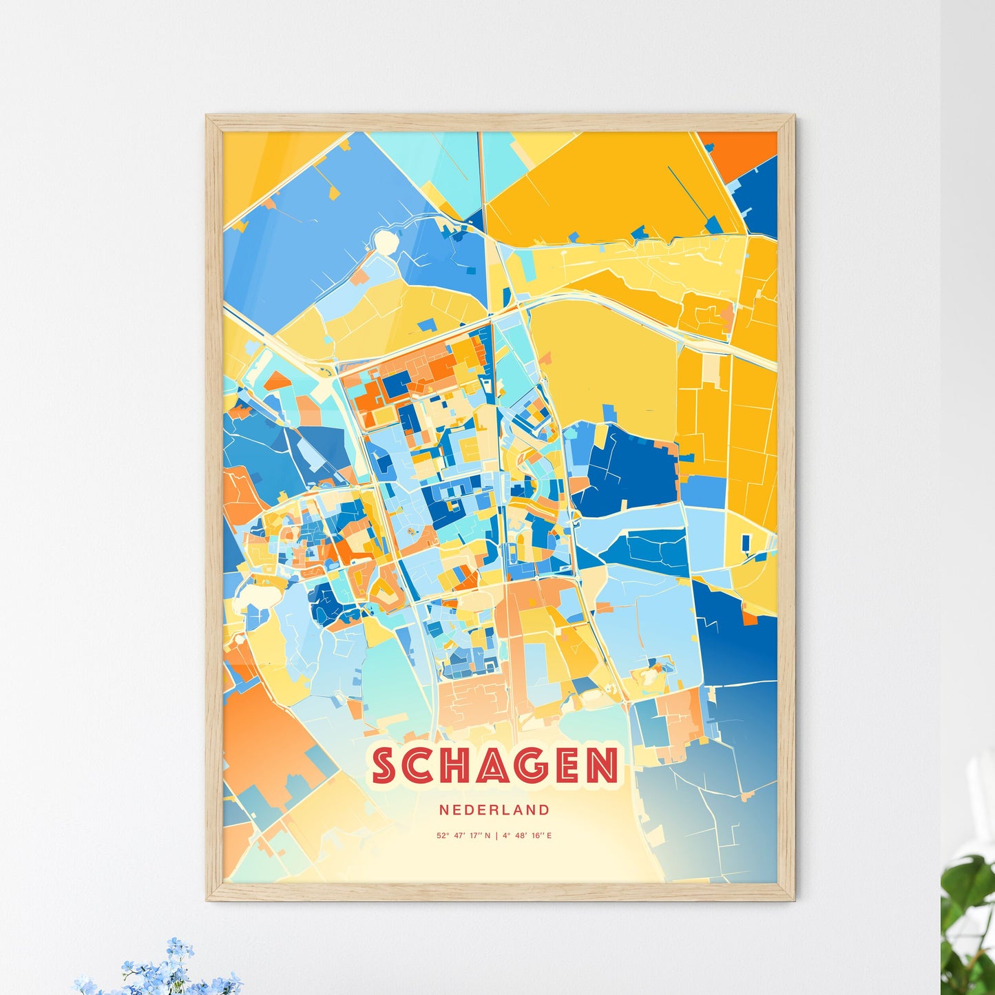 Colorful SCHAGEN NETHERLANDS Fine Art Map Blue Orange