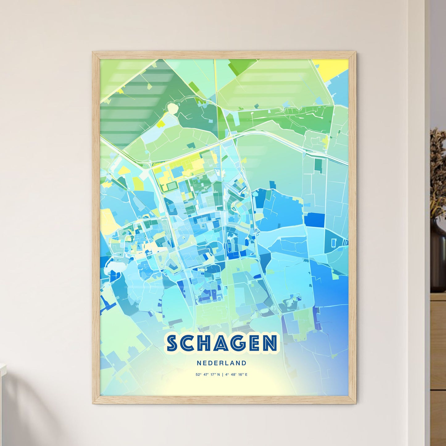 Colorful SCHAGEN NETHERLANDS Fine Art Map Cool Blue