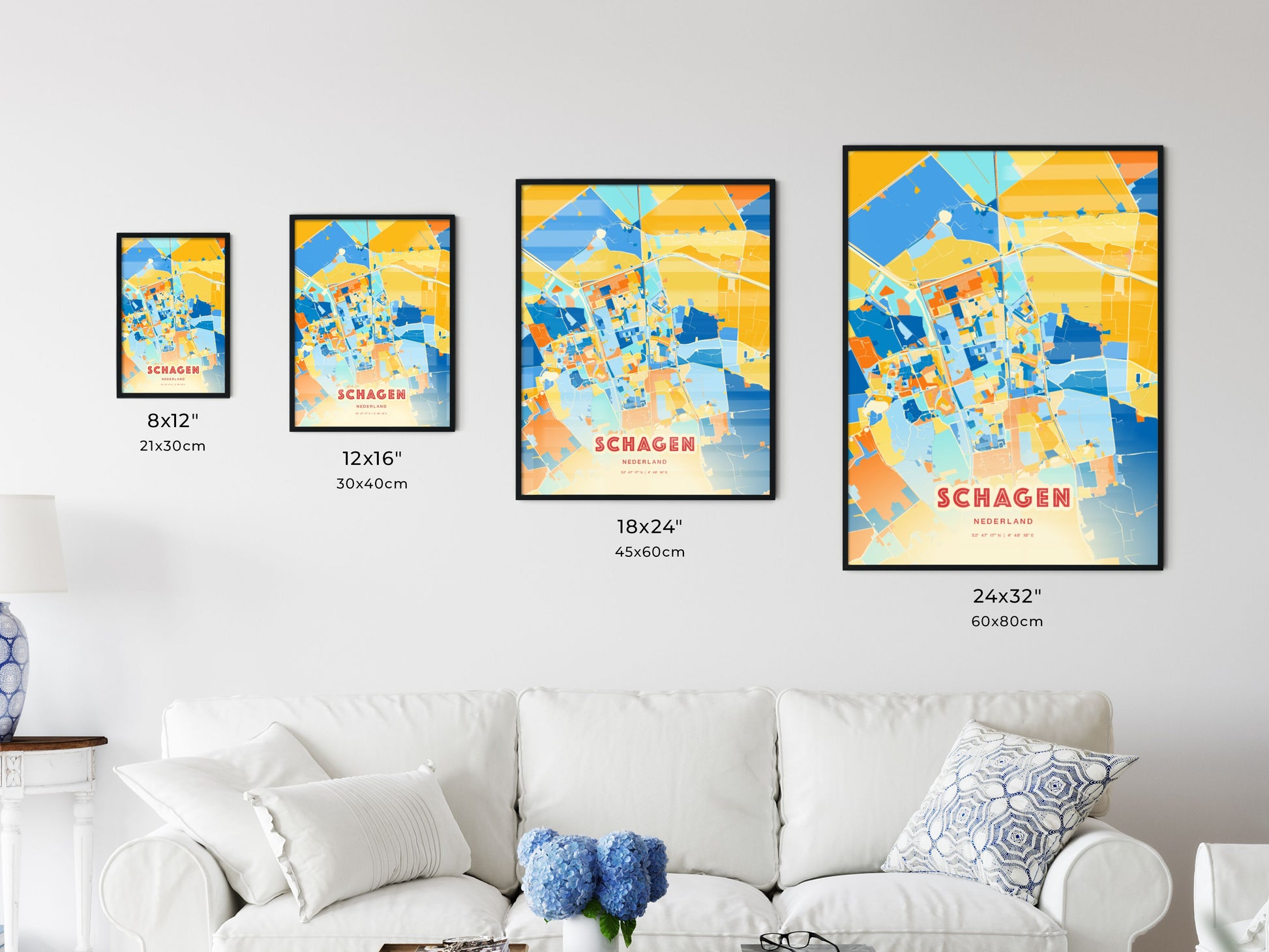 Colorful SCHAGEN NETHERLANDS Fine Art Map Blue Orange