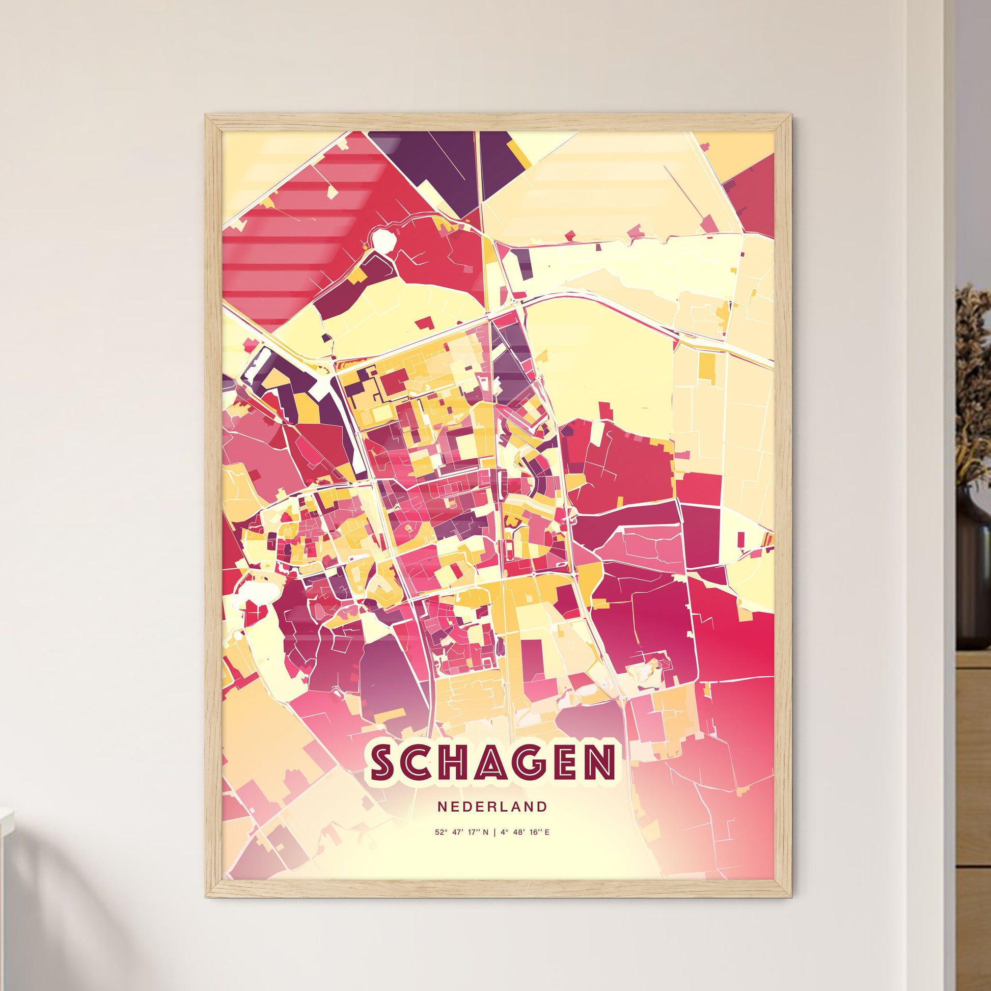 Colorful SCHAGEN NETHERLANDS Fine Art Map Hot Red