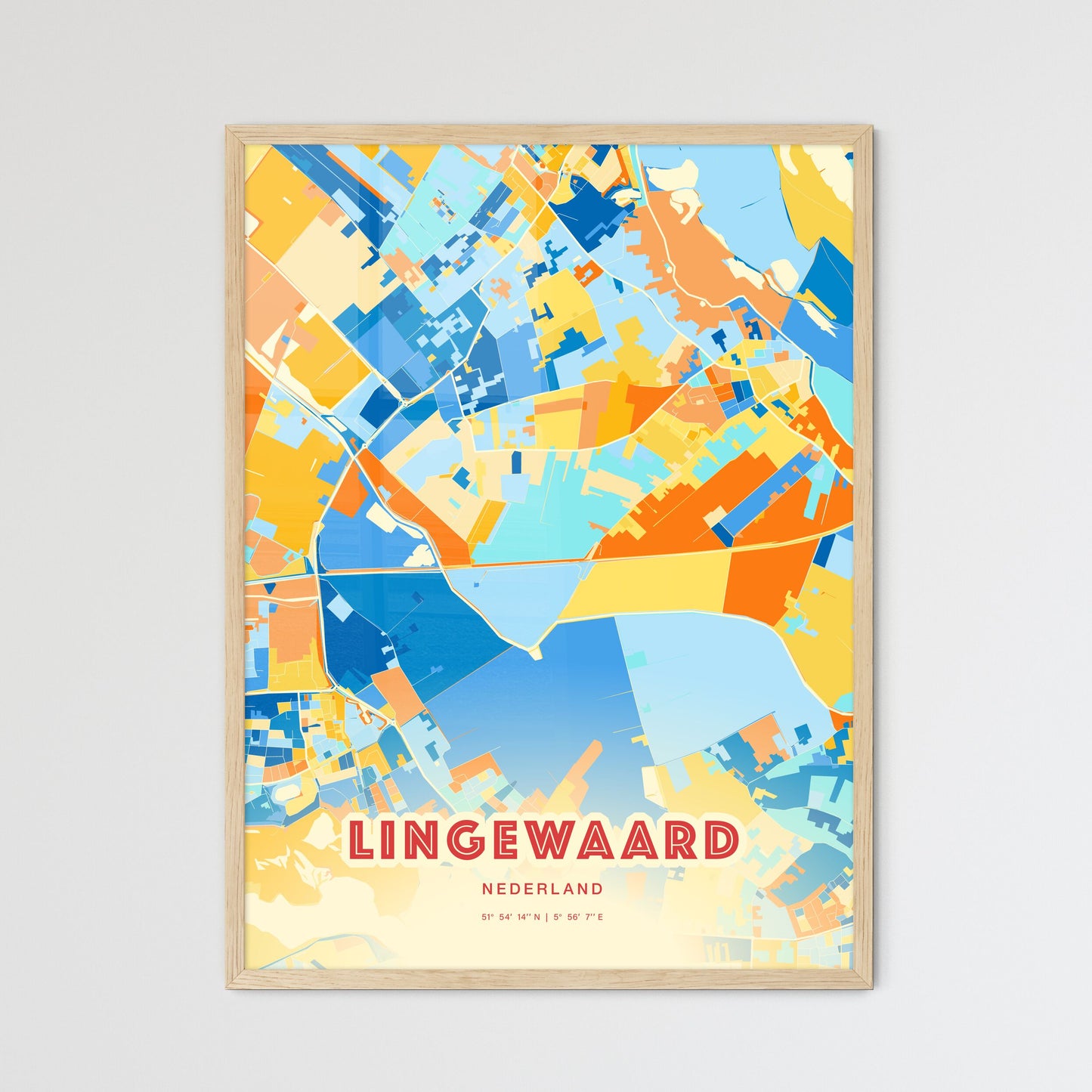 Colorful LINGEWAARD NETHERLANDS Fine Art Map Blue Orange