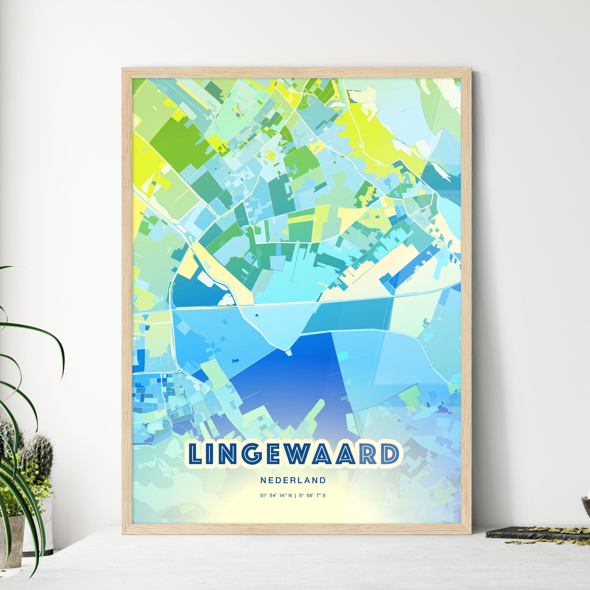 Colorful LINGEWAARD NETHERLANDS Fine Art Map Cool Blue