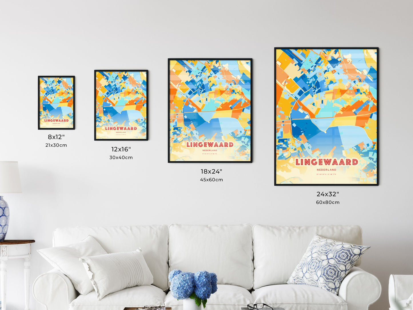 Colorful LINGEWAARD NETHERLANDS Fine Art Map Blue Orange