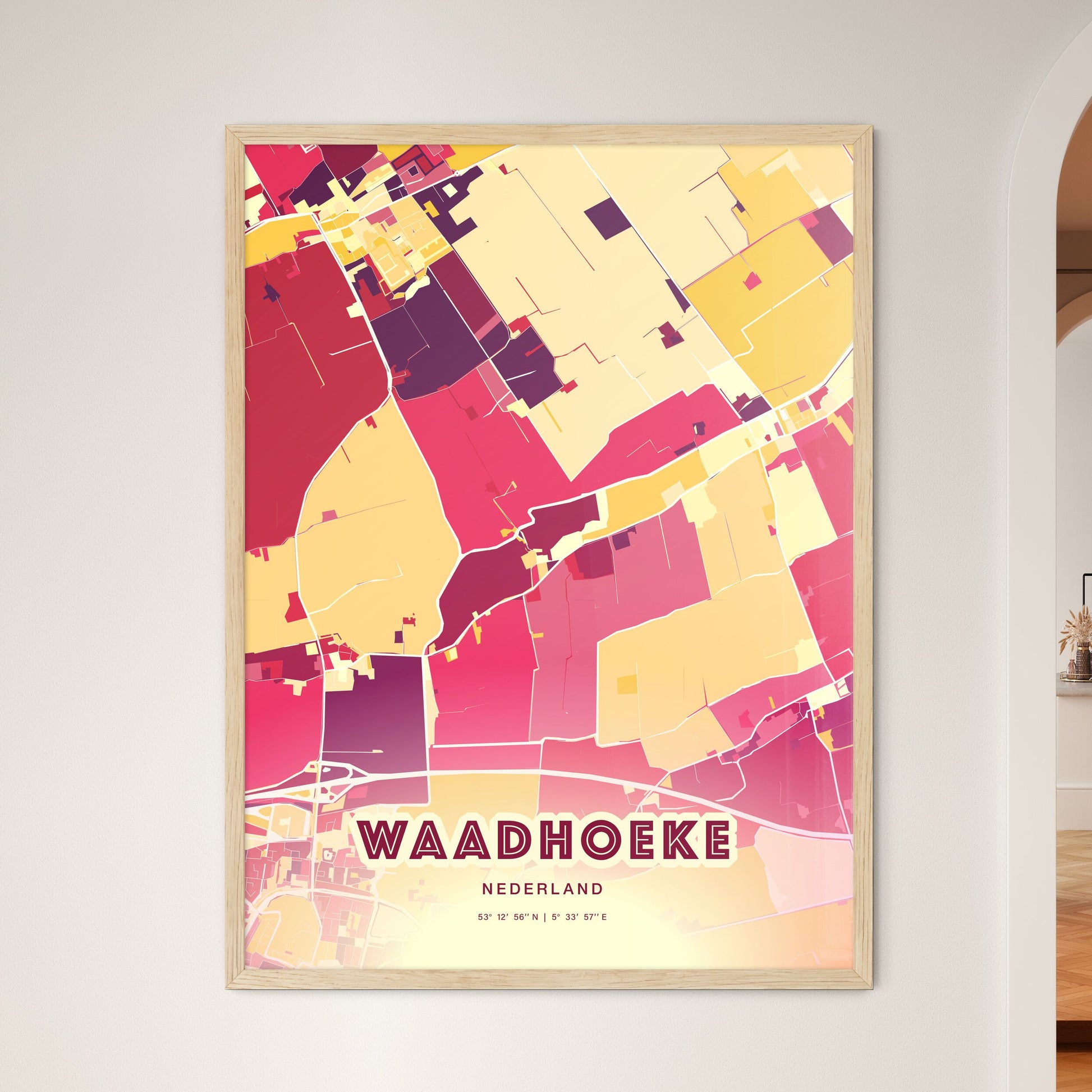 Colorful WAADHOEKE NETHERLANDS Fine Art Map Hot Red