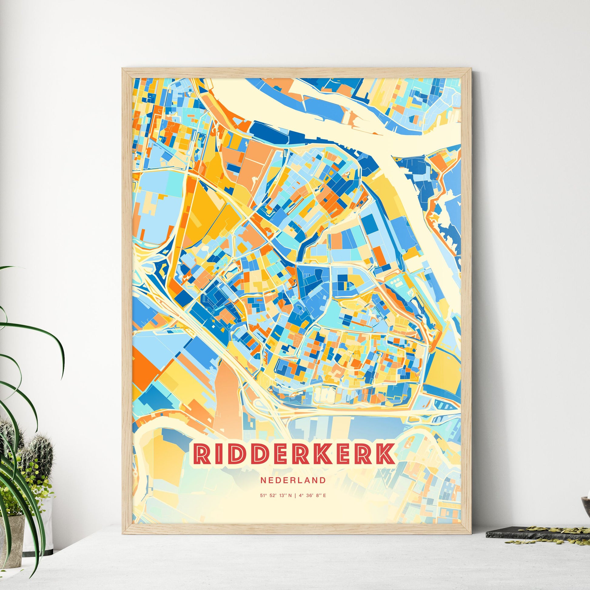 Colorful RIDDERKERK NETHERLANDS Fine Art Map Blue Orange