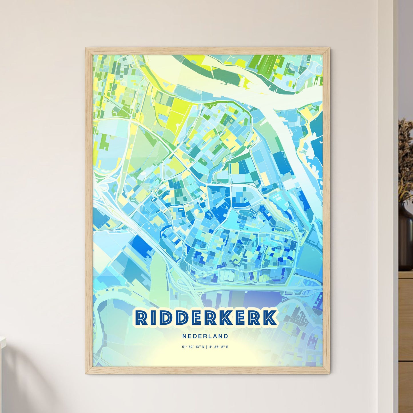 Colorful RIDDERKERK NETHERLANDS Fine Art Map Cool Blue