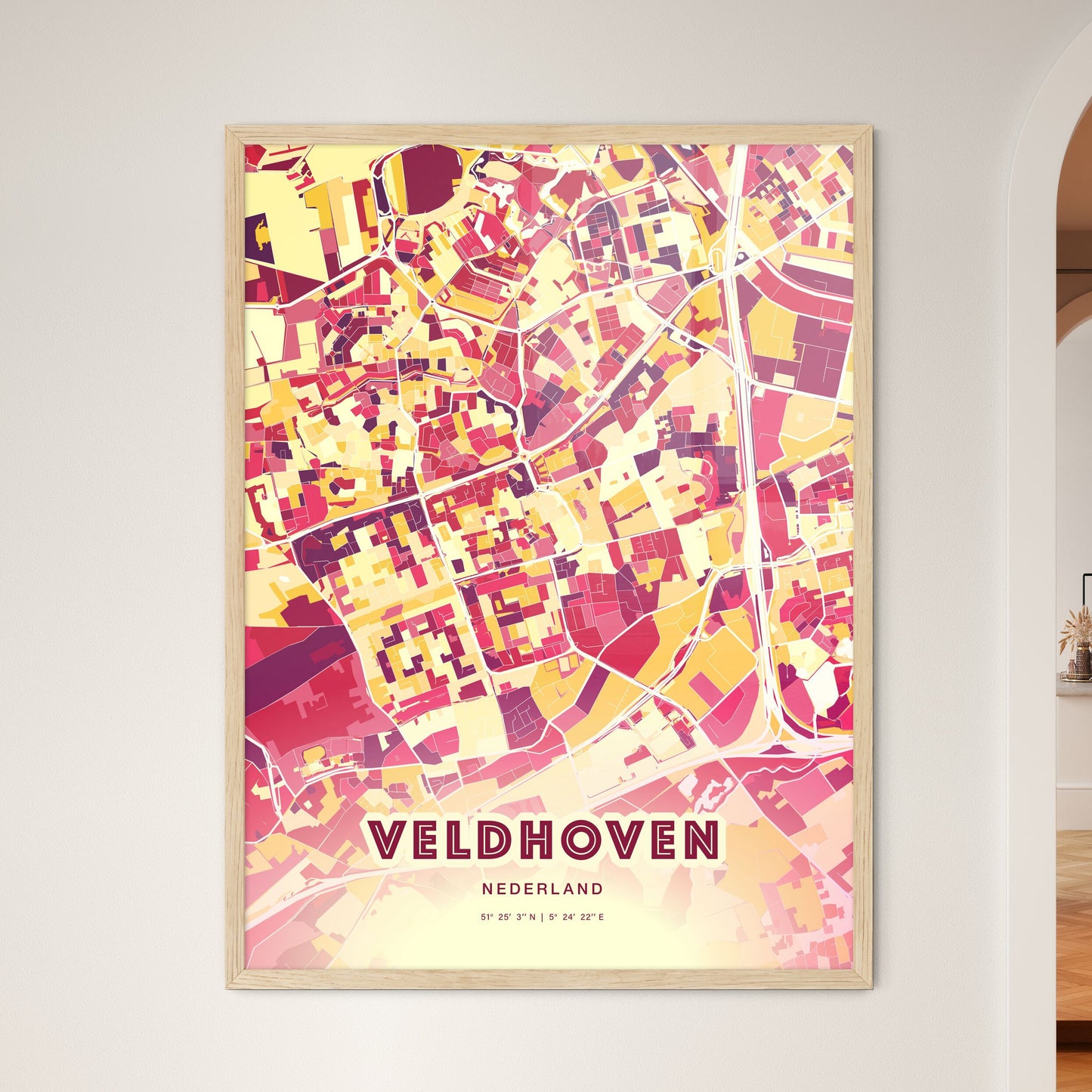 Colorful VELDHOVEN NETHERLANDS Fine Art Map Hot Red