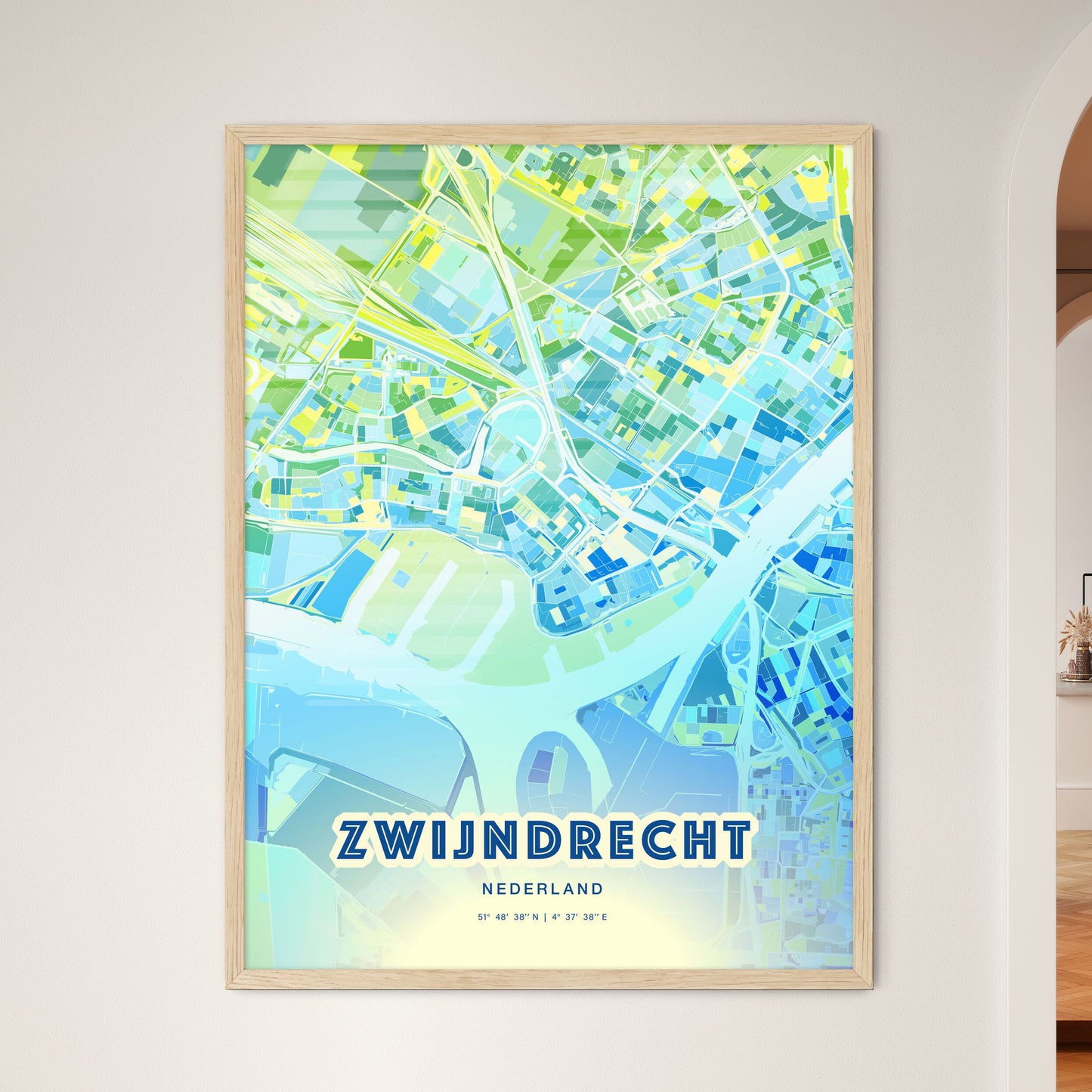 Colorful ZWIJNDRECHT NETHERLANDS Fine Art Map Cool Blue