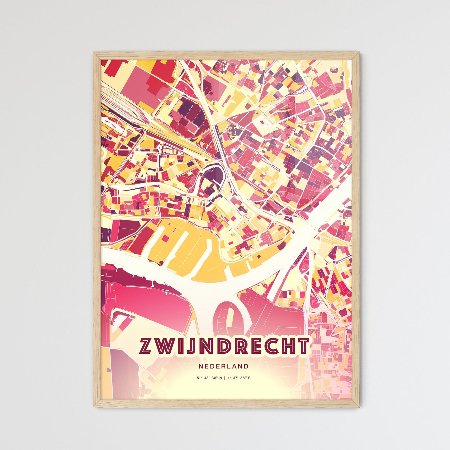 Colorful ZWIJNDRECHT NETHERLANDS Fine Art Map Hot Red